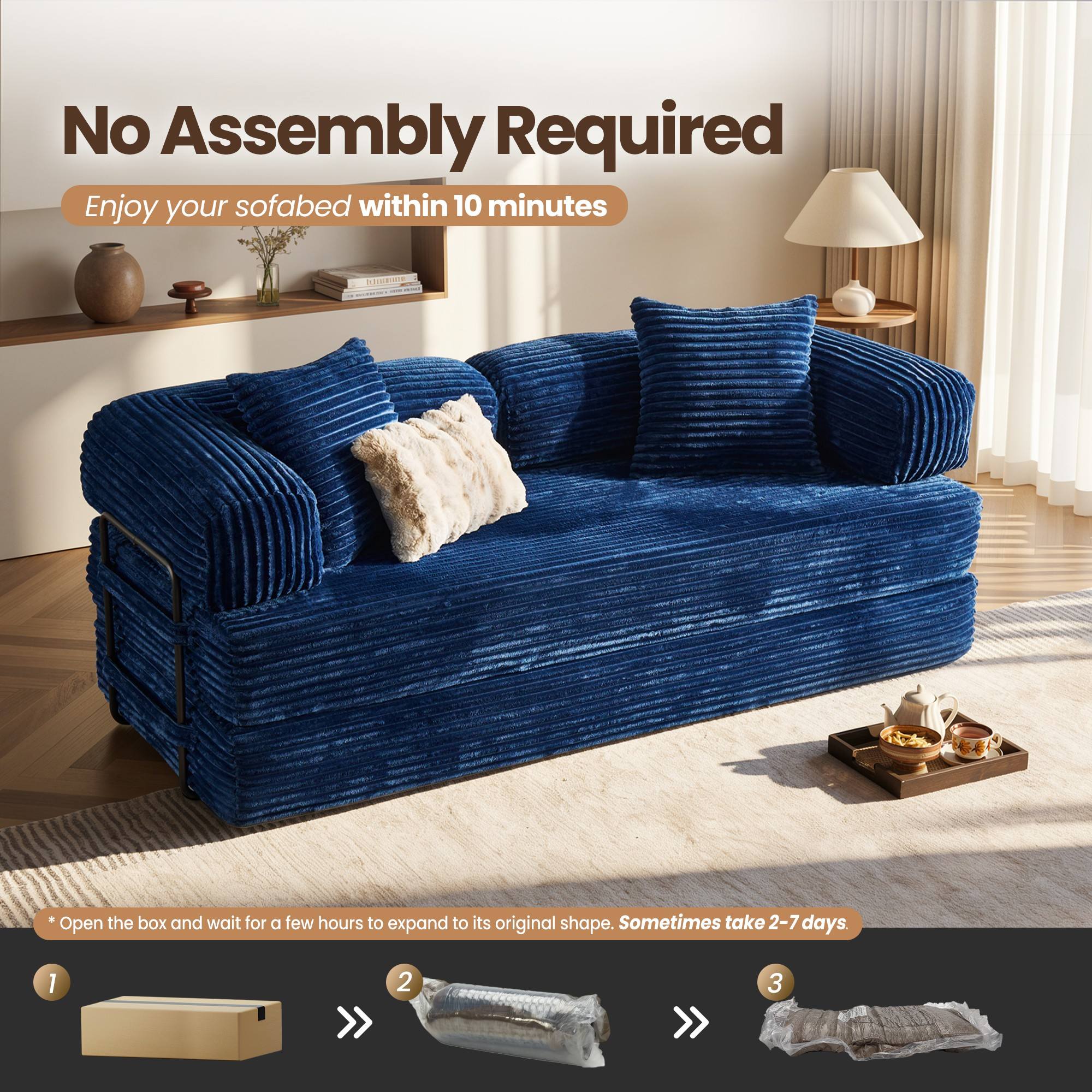 Deep blue corduroy modular sofa bed, 'No Assembly Required' graphic. Shown compressed for shipping. Blue Faux Fur