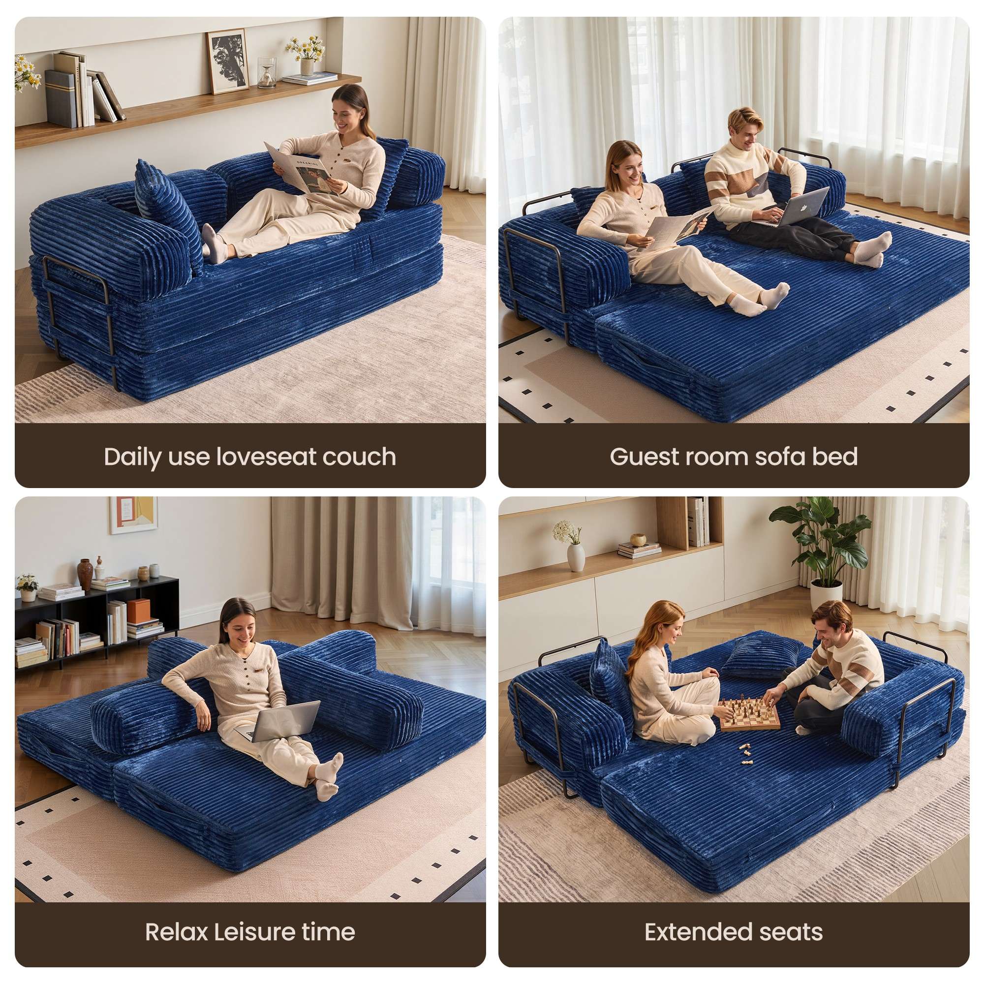 Ovios 80" navy blue modular sofa bed in convertible couch, guest bed, and seating modes. Blue Faux Fur