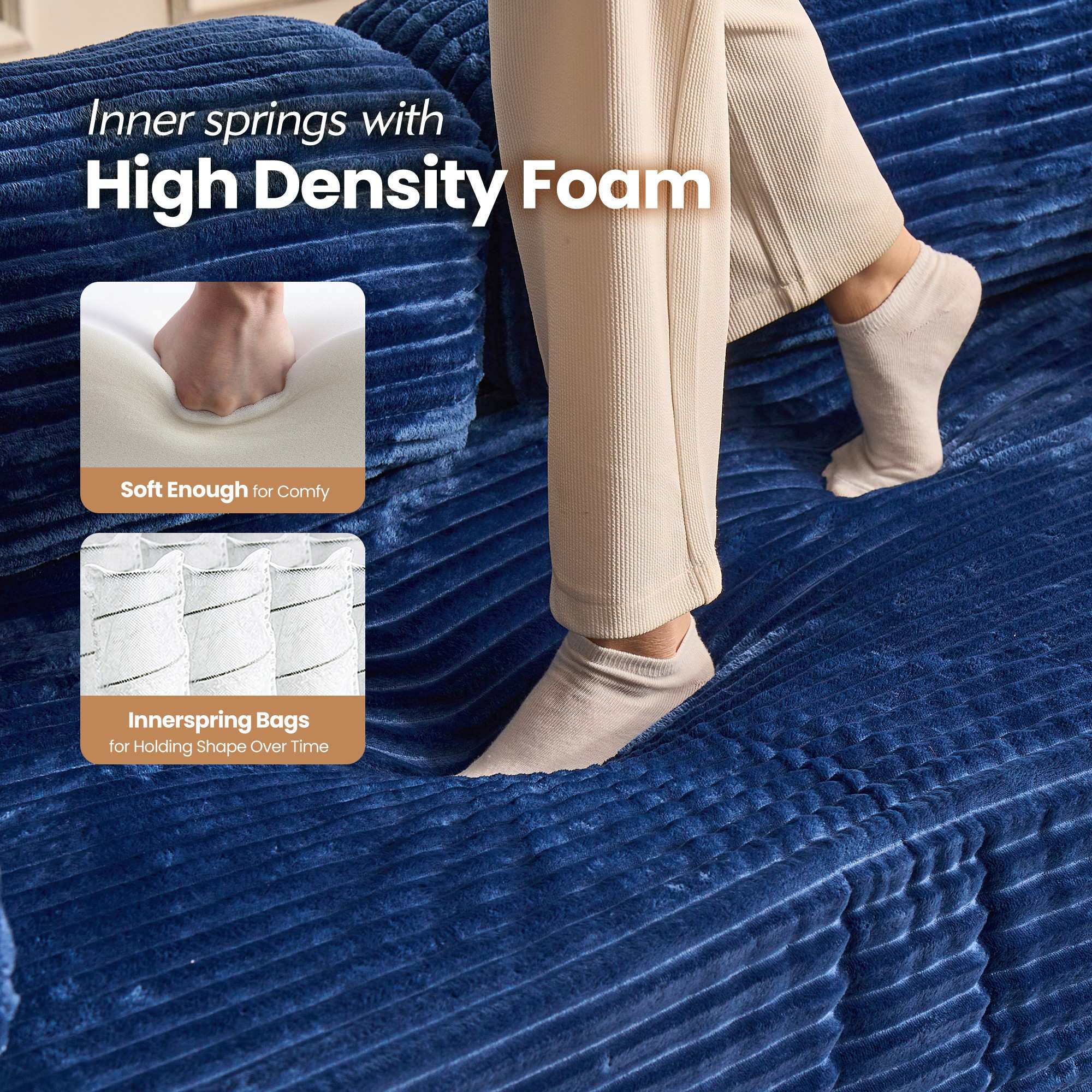 Ovios 80" modular sofa bed: high density foam, innerspring support, ultimate comfort. Blue Faux Fur