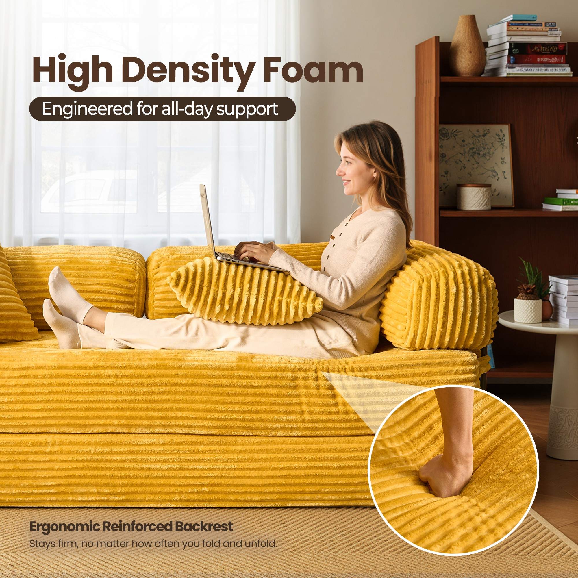 Yellow Faux Fur | Ovios 80" yellow modular sofa bed with high-density foam, ergonomic backrest, and woman working on laptop.