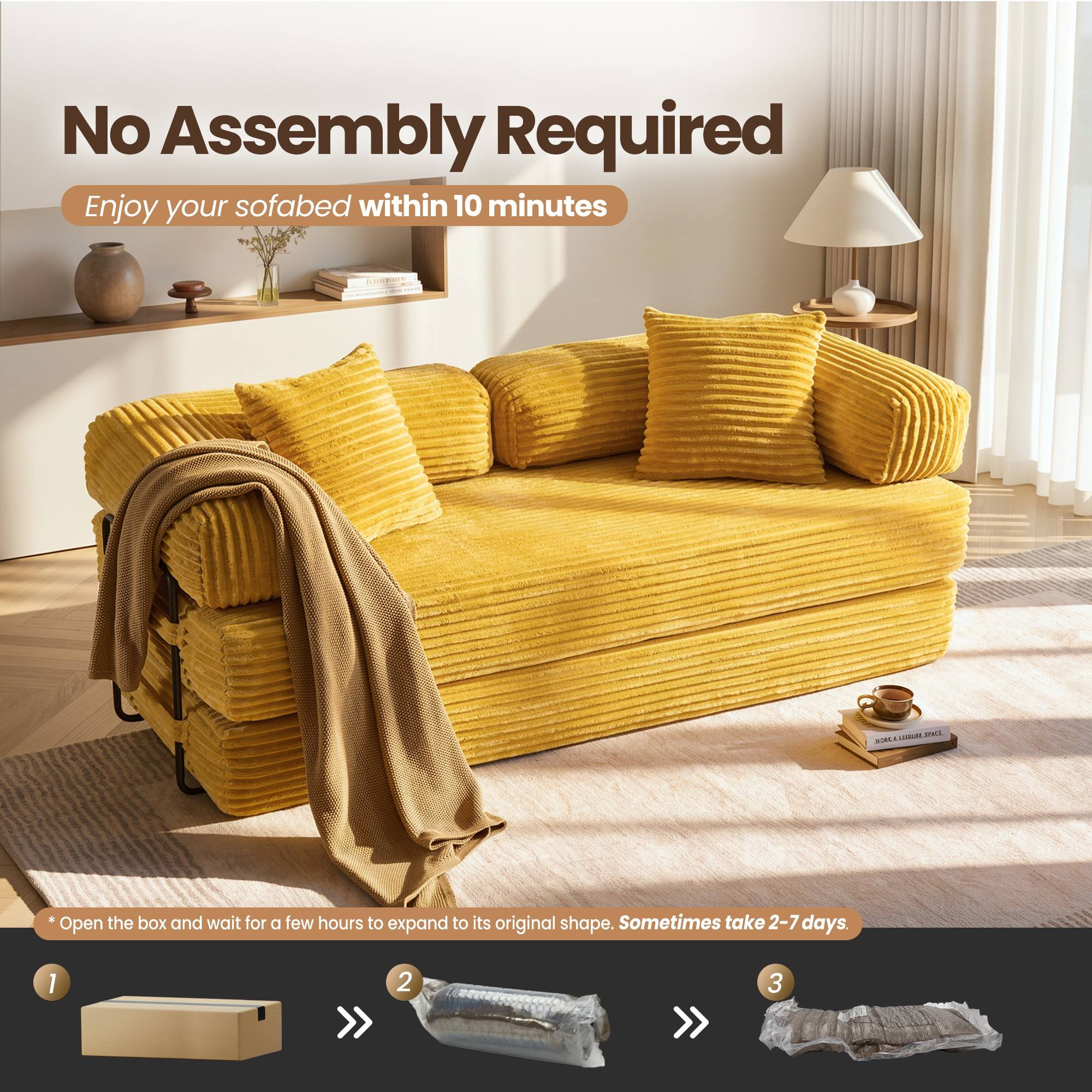 Yellow Faux Fur | Ovios 80" convertible modular sofa bed in yellow corduroy, no assembly required.