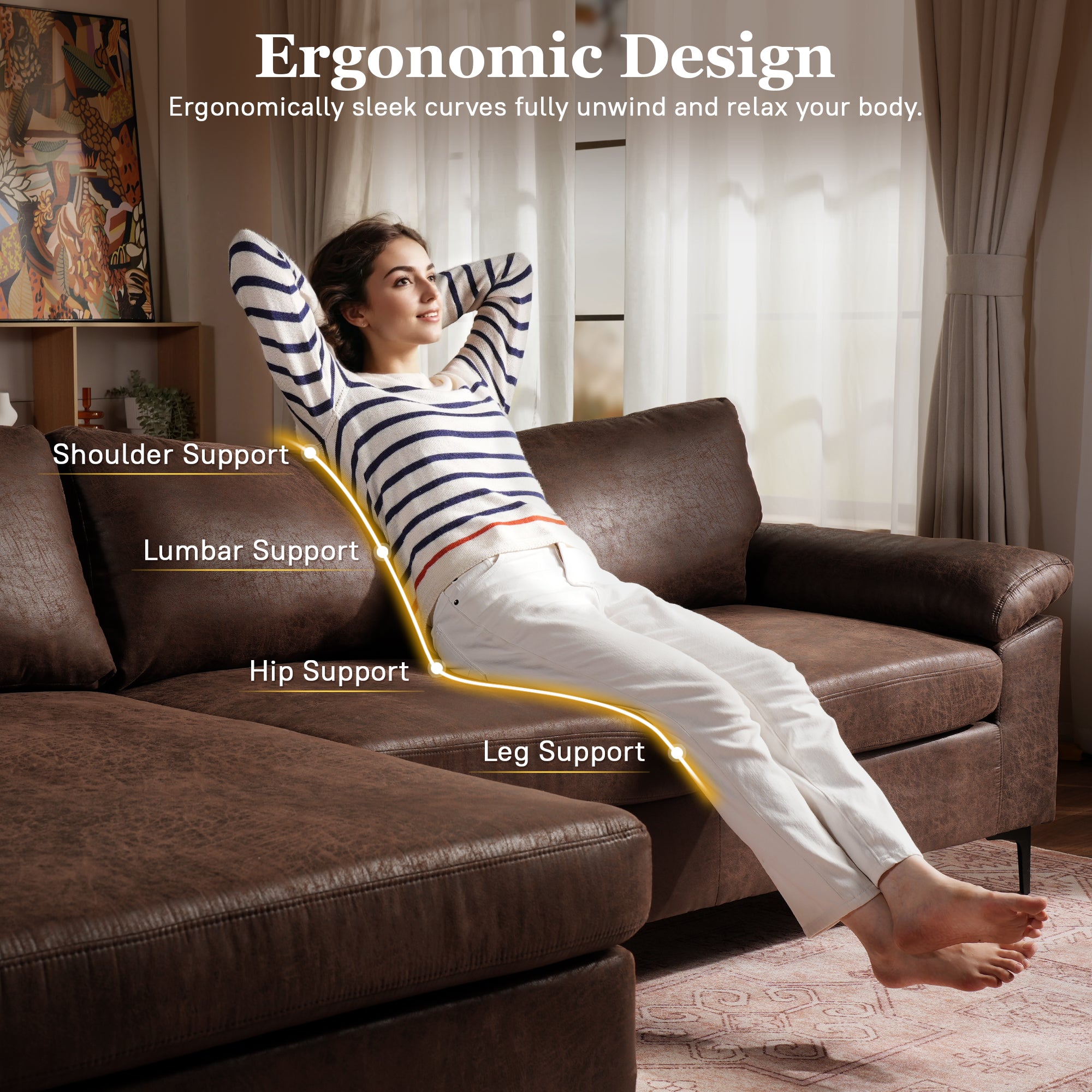 OVIOS 100.40" Reversible Chaise Sofa Suede Fabric