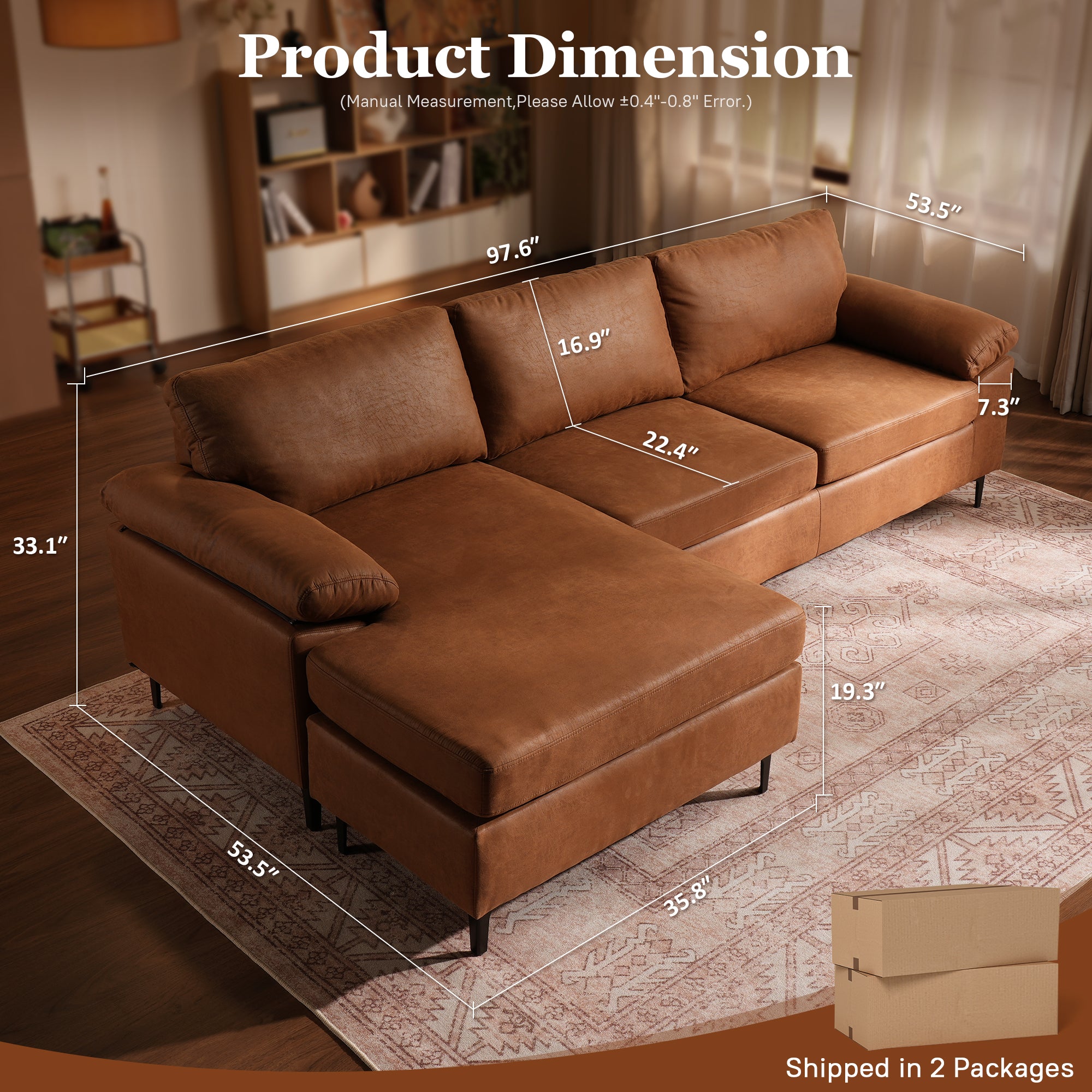 OVIOS 100.40" Reversible Chaise Sofa Suede Fabric