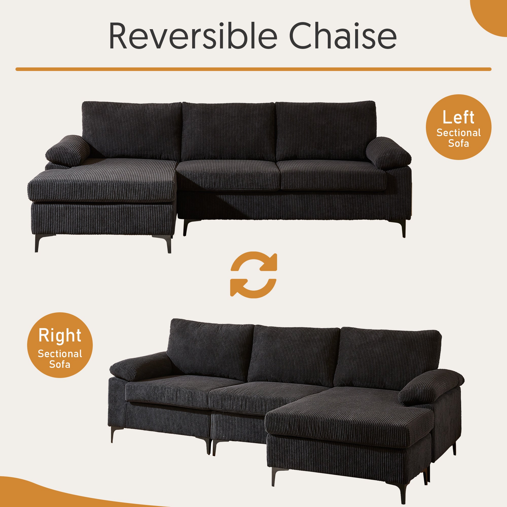 OVIOS 100.40" Reversible Chaise Sofa Wide-Wale Corduroy