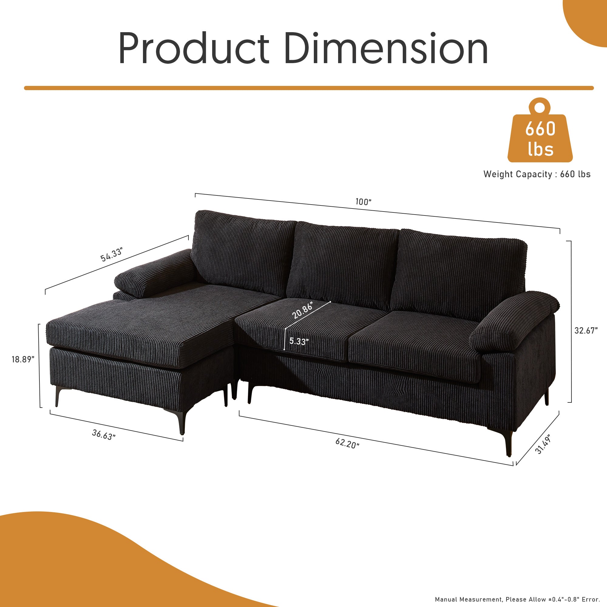 OVIOS 100.40" Reversible Chaise Sofa Wide-Wale Corduroy