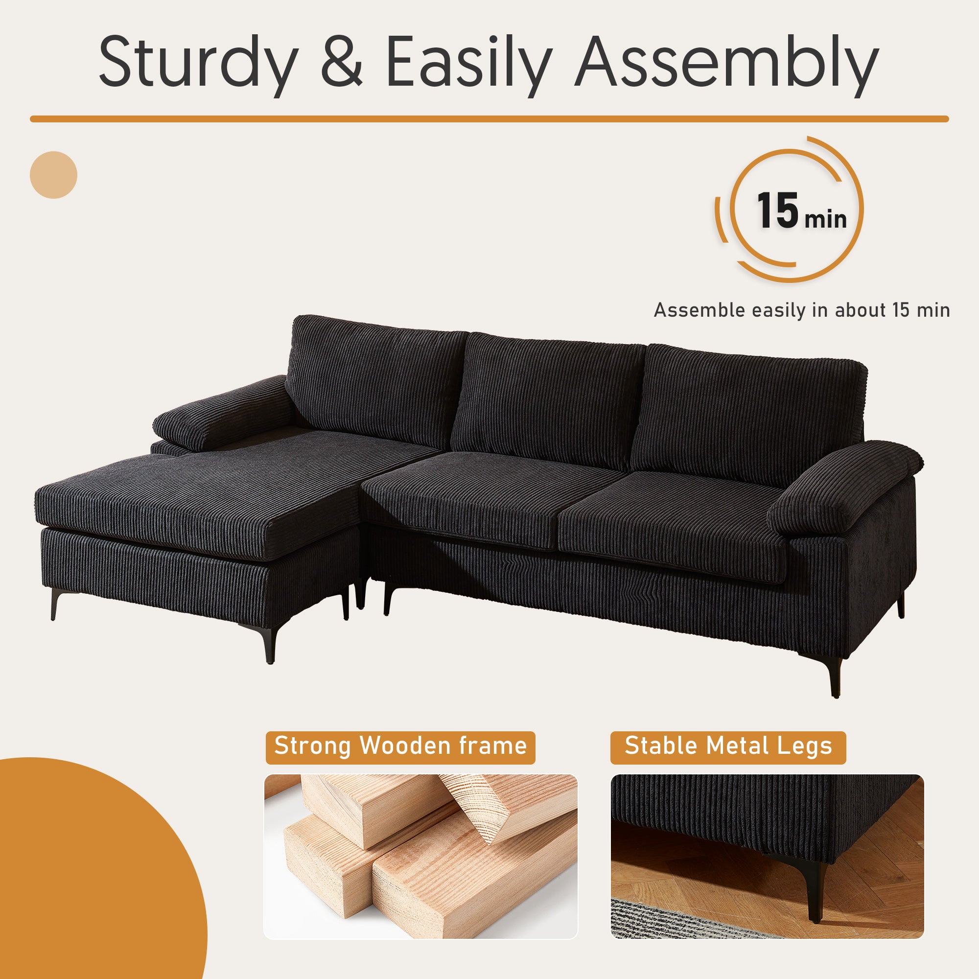 OVIOS 100.40" Reversible Chaise Sofa Wide-Wale Corduroy