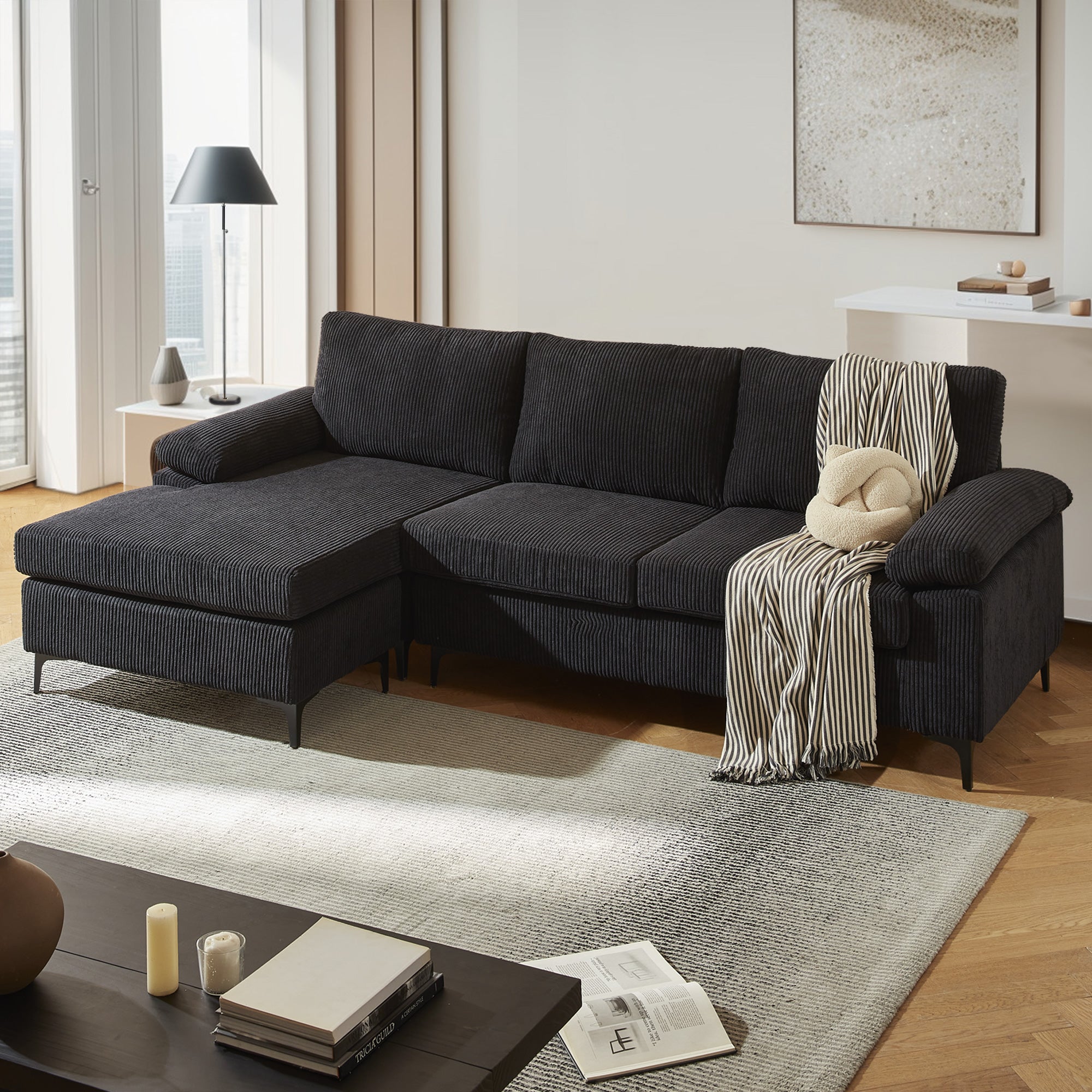 OVIOS 100.40" Reversible Chaise Sofa Wide-Wale Corduroy