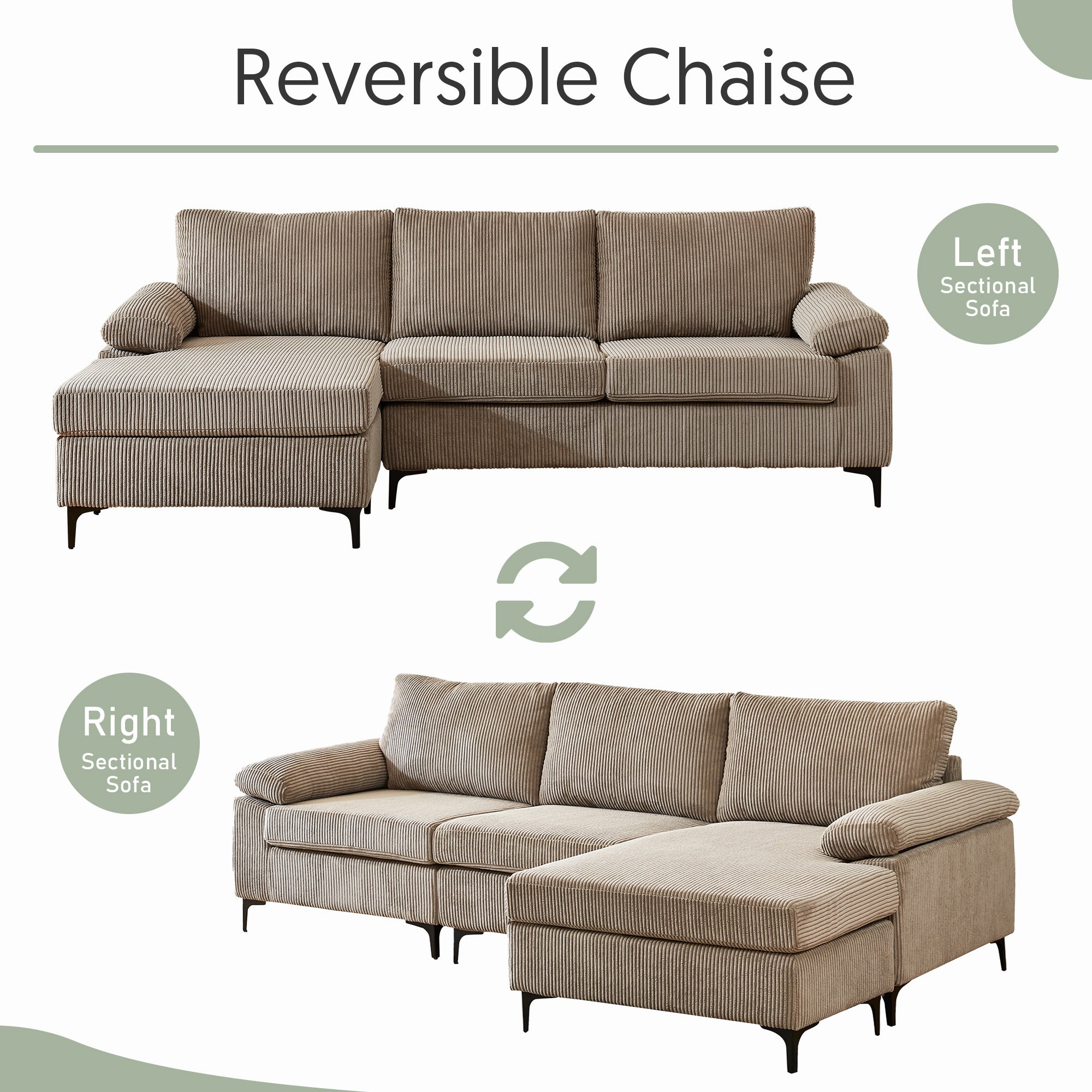 OVIOS 100.40" Reversible Chaise Sofa Wide-Wale Corduroy