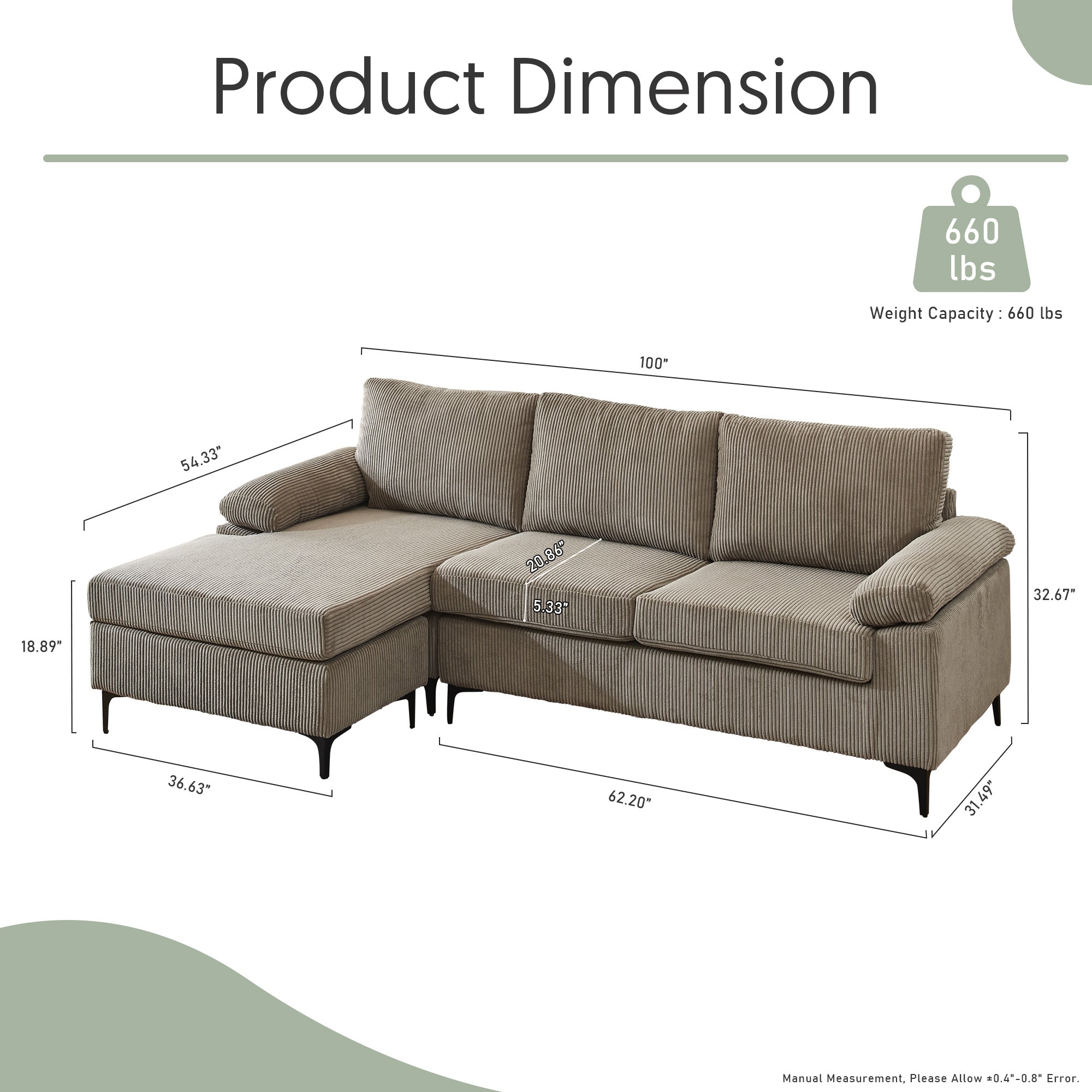 OVIOS 100.40" Reversible Chaise Sofa Wide-Wale Corduroy