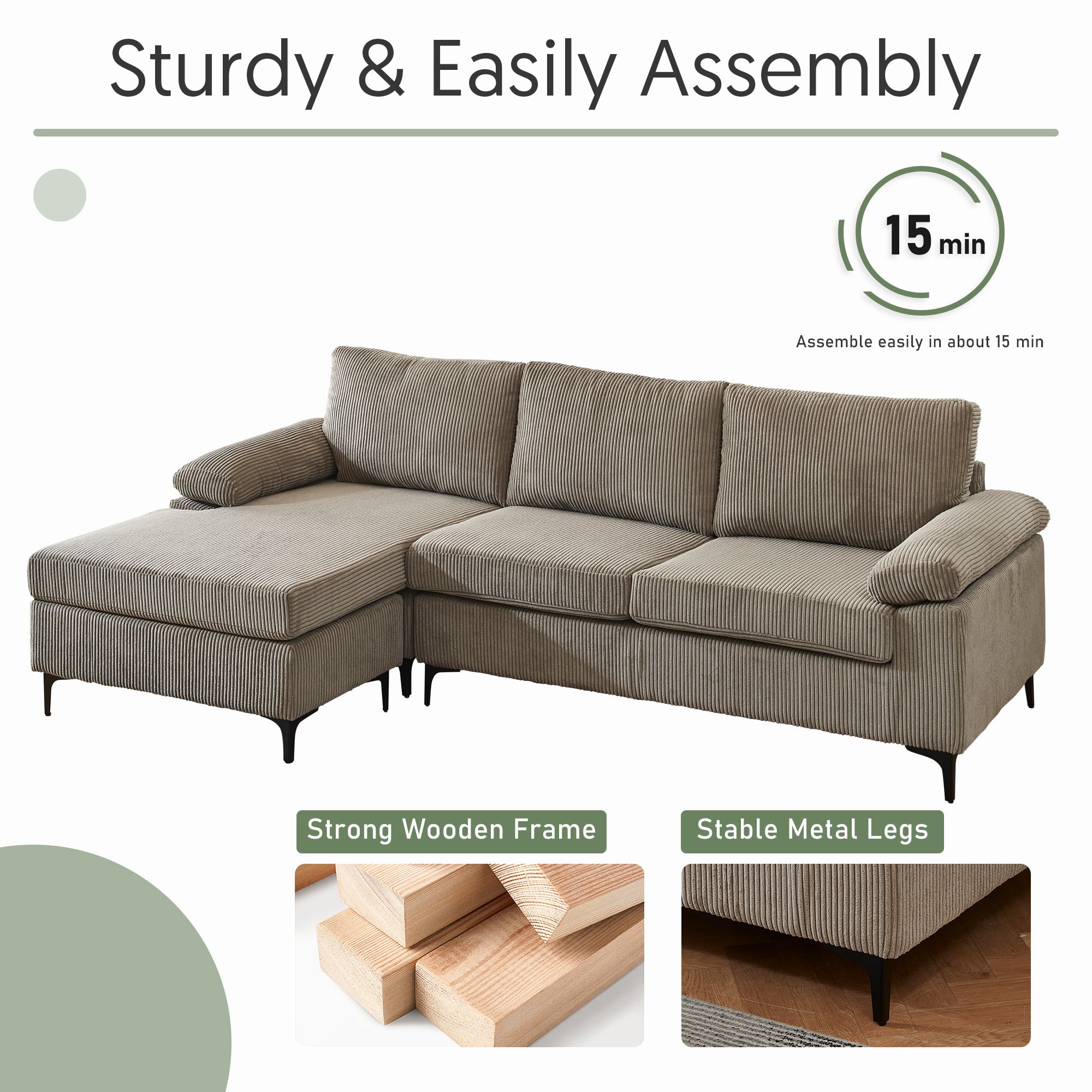 OVIOS 100.40" Reversible Chaise Sofa Wide-Wale Corduroy