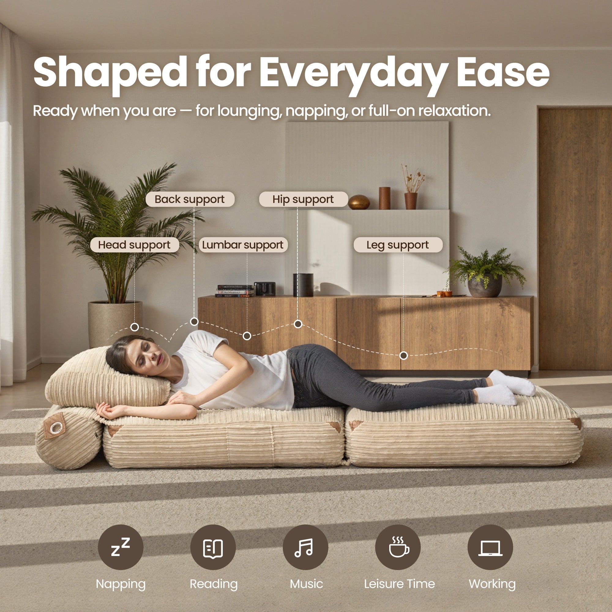 Ovios bean bag bed in beige corduroy, offering back and leg support for relaxation, ideal for napping and leisure time.