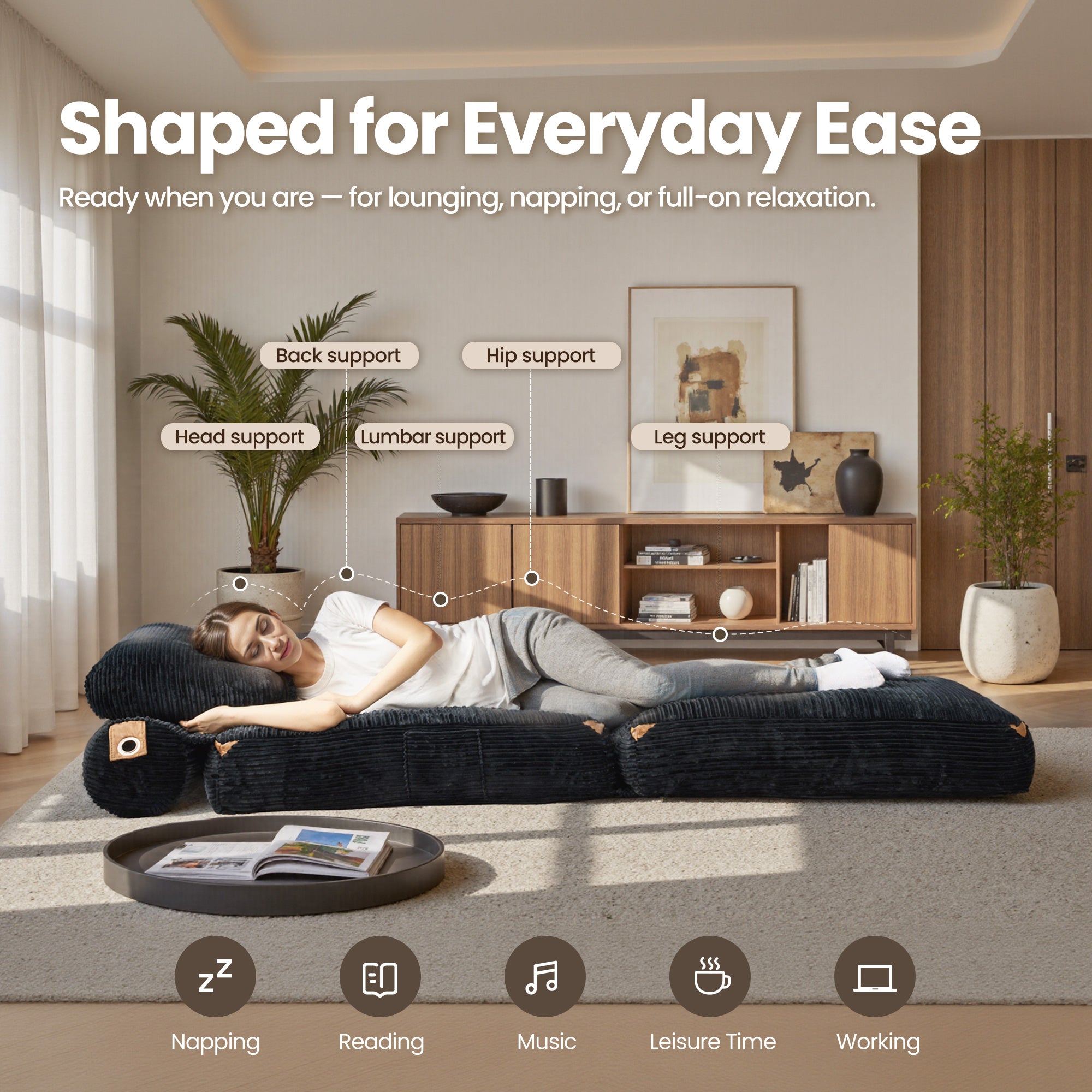 Ovios bean bag bed, dark corduroy, ideal for relaxation, napping, and reading. Modern design, perfect for small spaces.