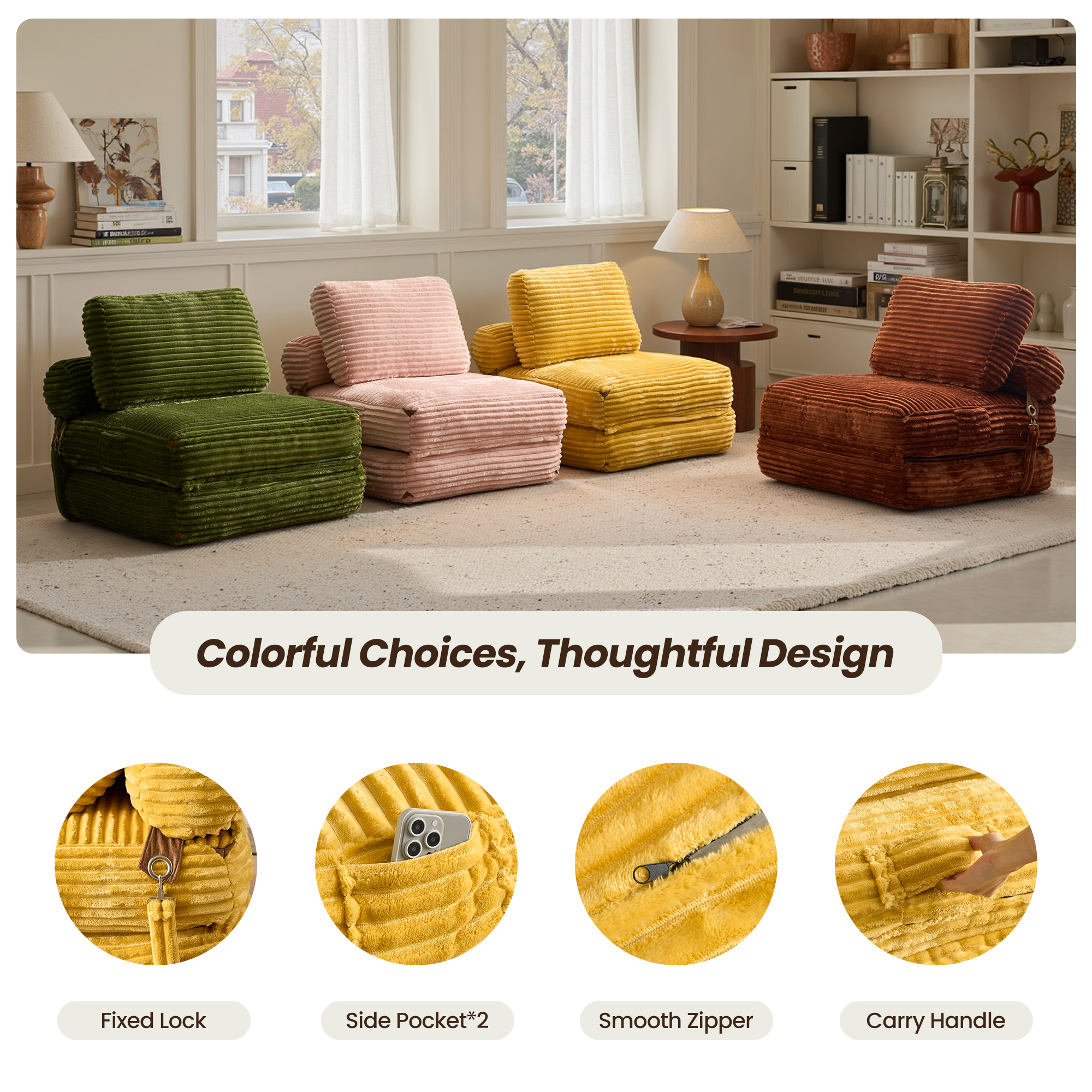 OVIOS Bean Bag Bed Folding Sofa Bed – Convertible Sleeper Chair with Pillow & Back Support