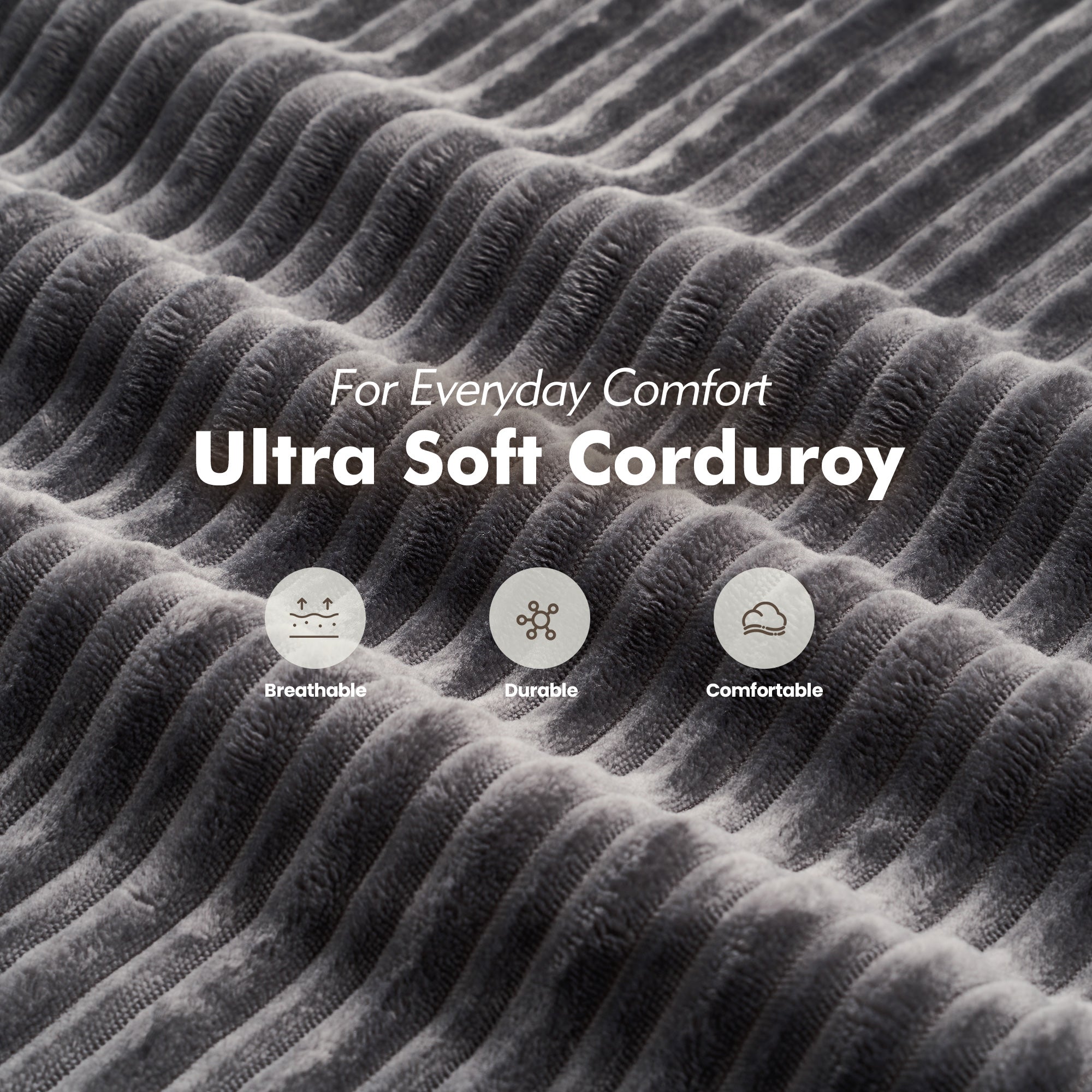 Ovios folding sofa bed, close-up of grey corduroy fabric. Showing breathable, durable, and comfortable material.
