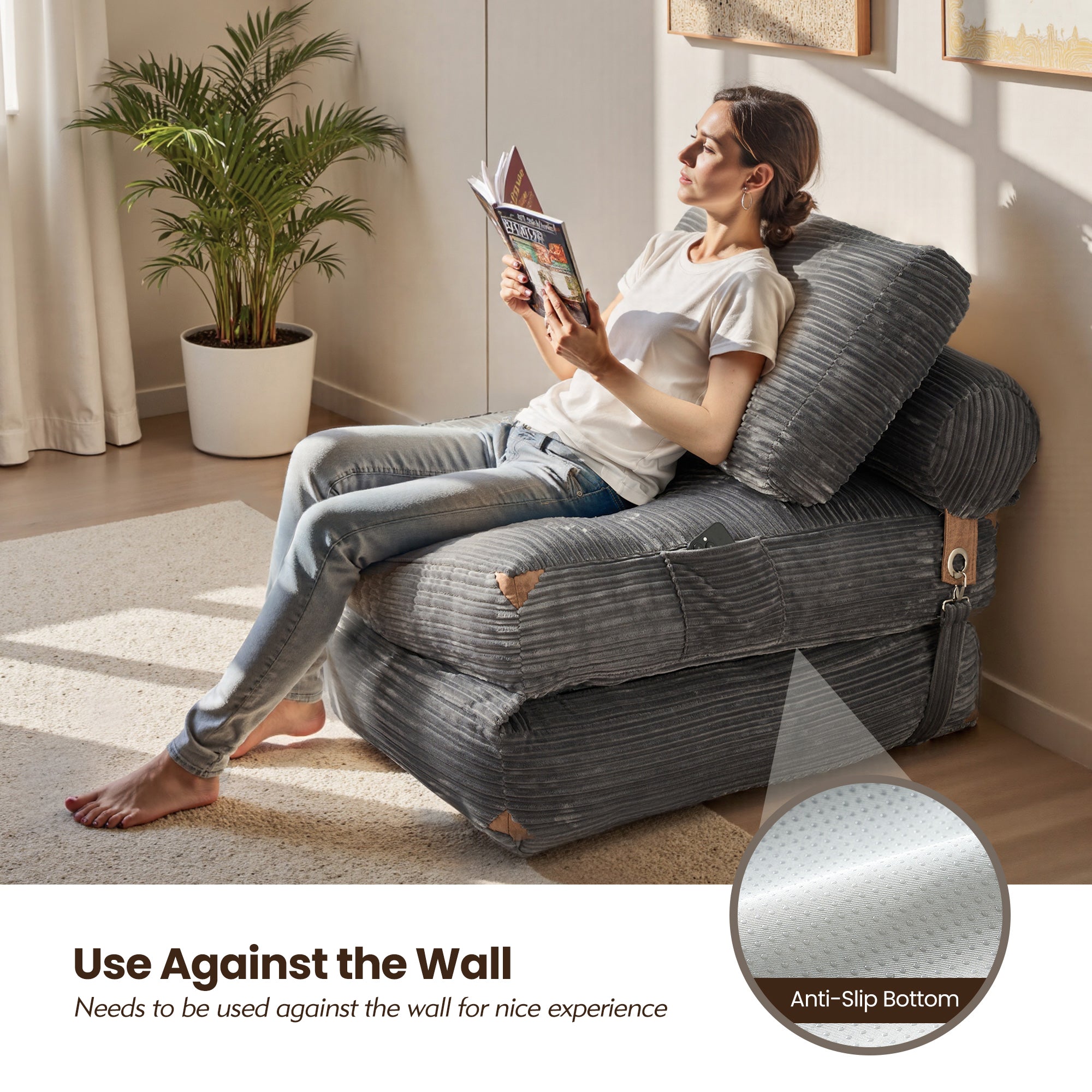 Ovios folding sofa bed, grey corduroy, woman reading, perfect for small spaces and relaxation, features anti-slip bottom.