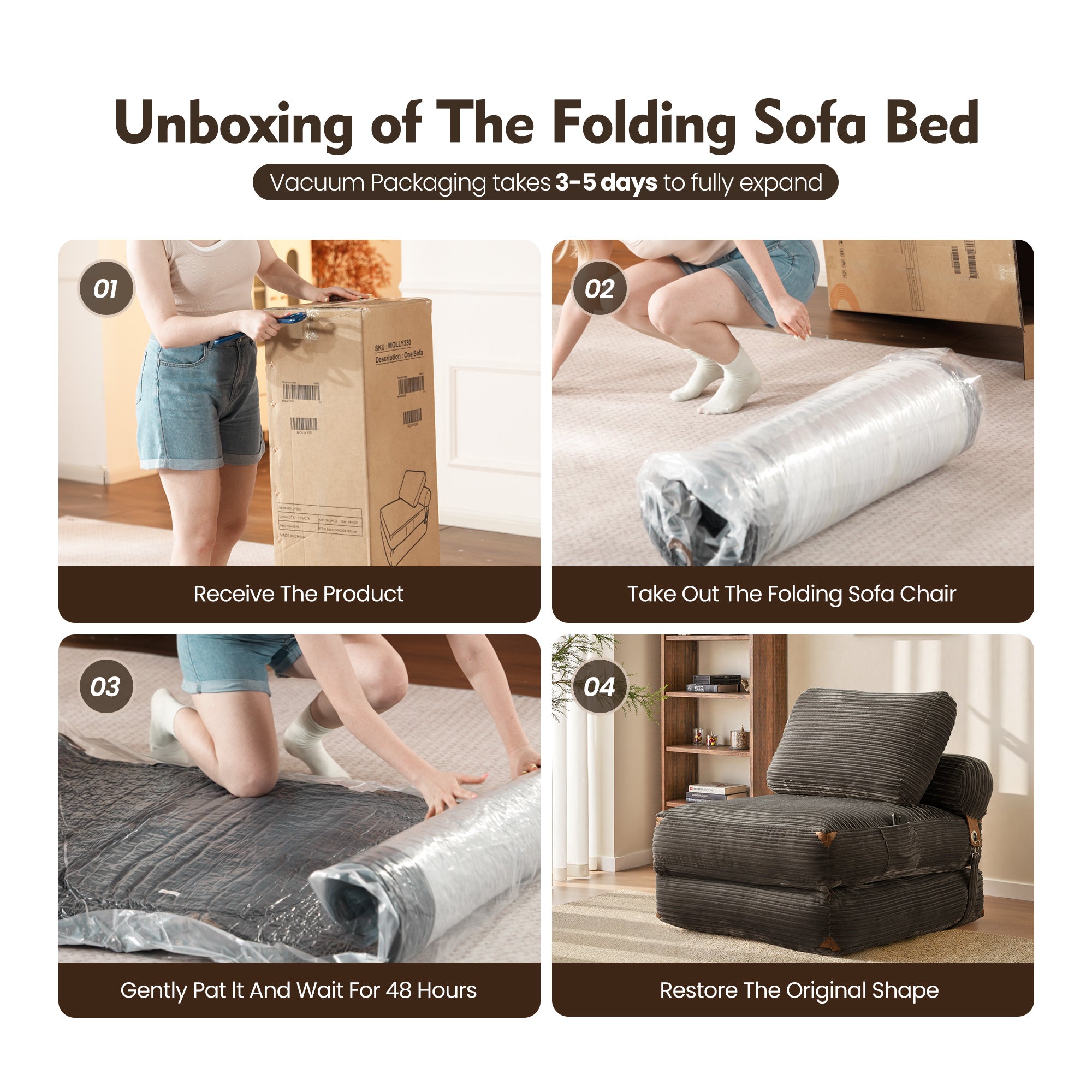 Ovios folding sofa bed unboxing: grey corduroy sofa chair, from box to ready. Perfect for small spaces, convertible design.