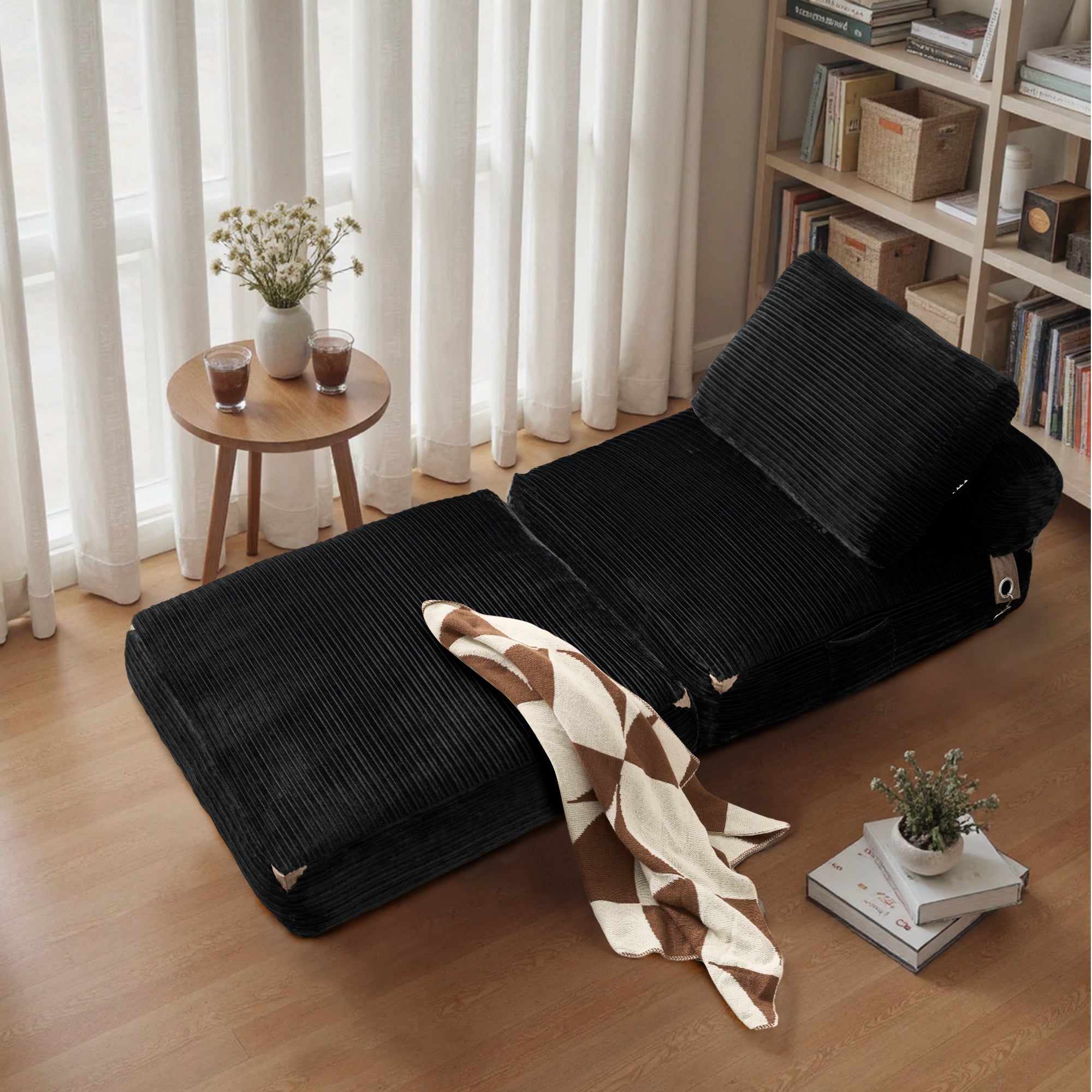 Ovios black corduroy bean bag bed, folding design, perfect for small spaces and relaxation