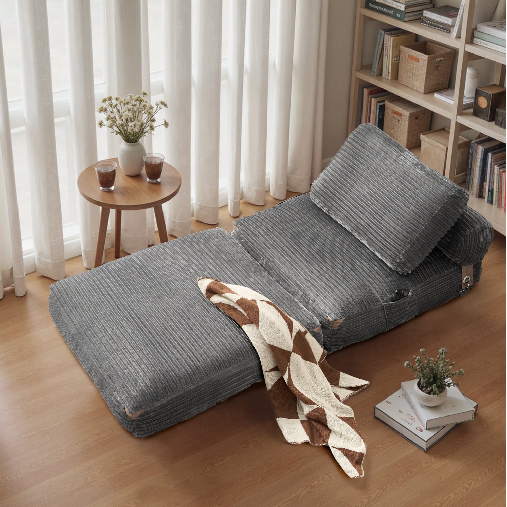 Ovios Bean Bag Bed, grey corduroy sleeper chair, foldable design, perfect for small spaces and modern rooms.