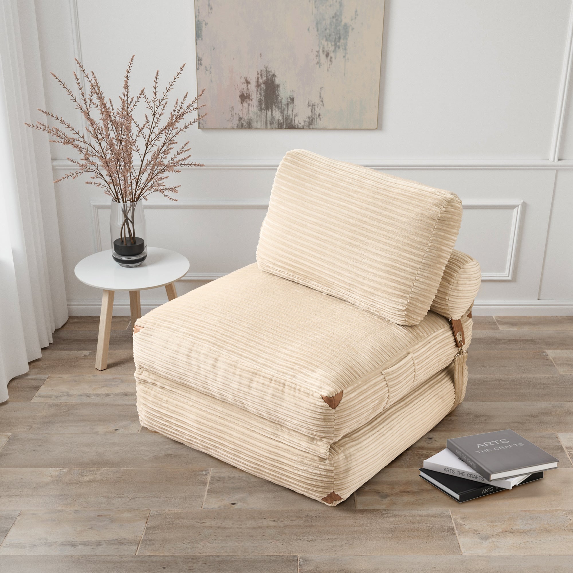 Ovios folding sofa bed in beige corduroy, convertible sleeper chair for small spaces, modern design