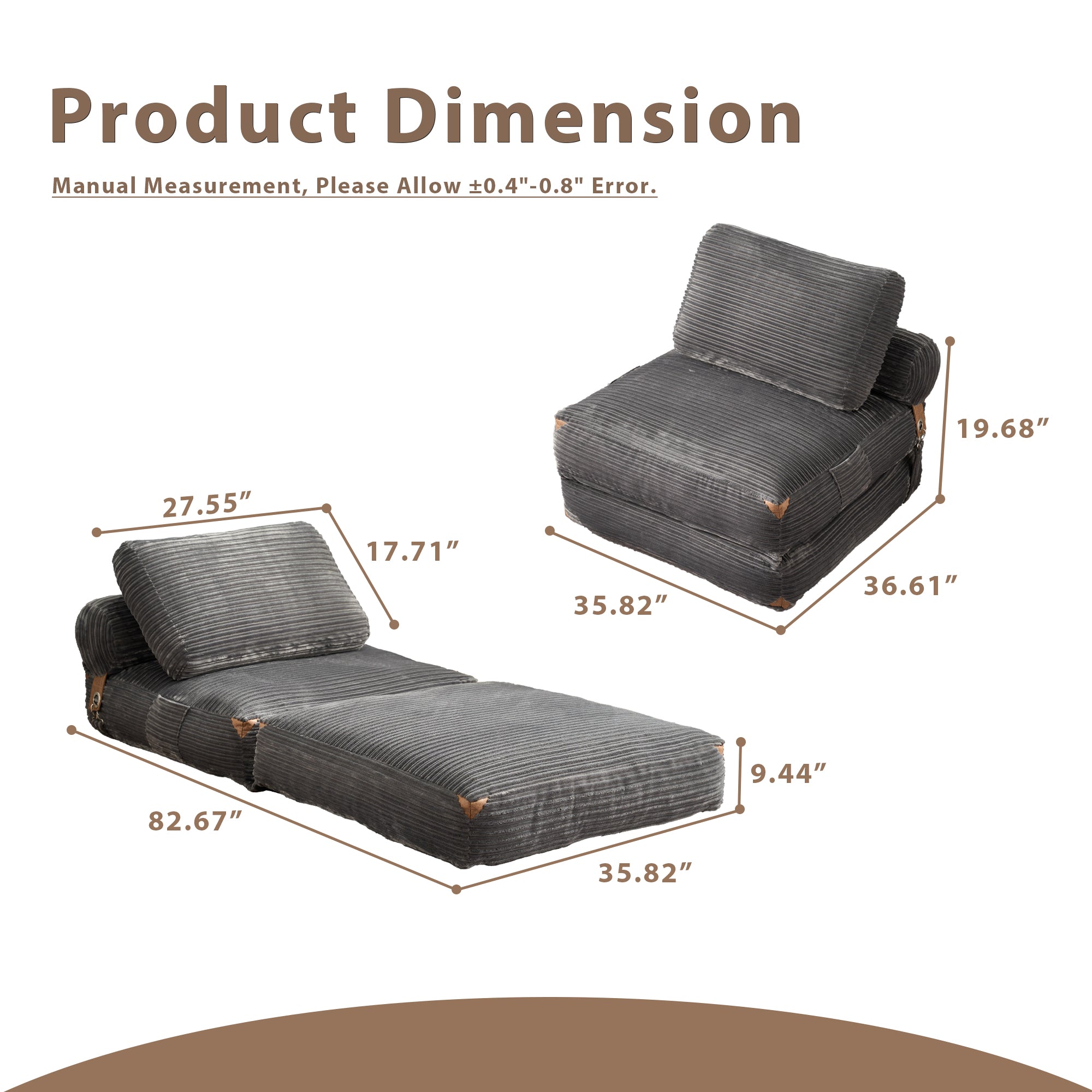 Ovios folding sofa bed dimensions in grey corduroy, measuring space-saving convertible design, perfect for small spaces.