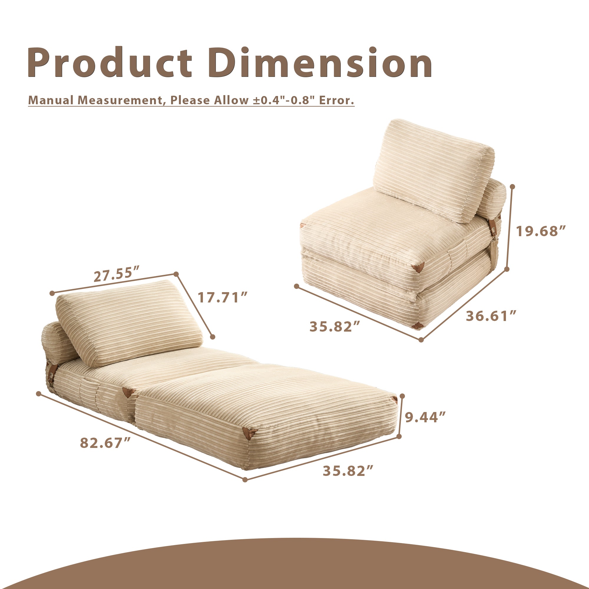 Ovios folding sofa bed dimensions in beige corduroy, convertible sleeper chair, perfect for small spaces