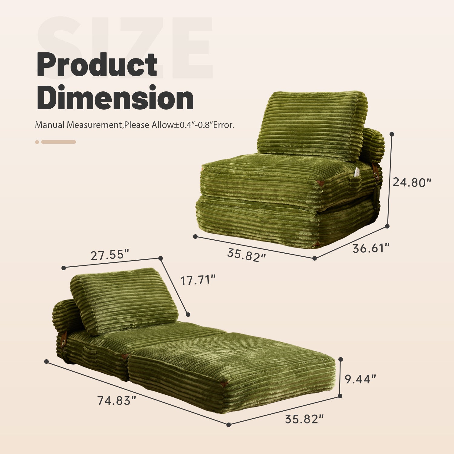 OVIOS Bean Bag Bed Folding Sofa Bed – Convertible Sleeper Chair with Pillow & Back Support