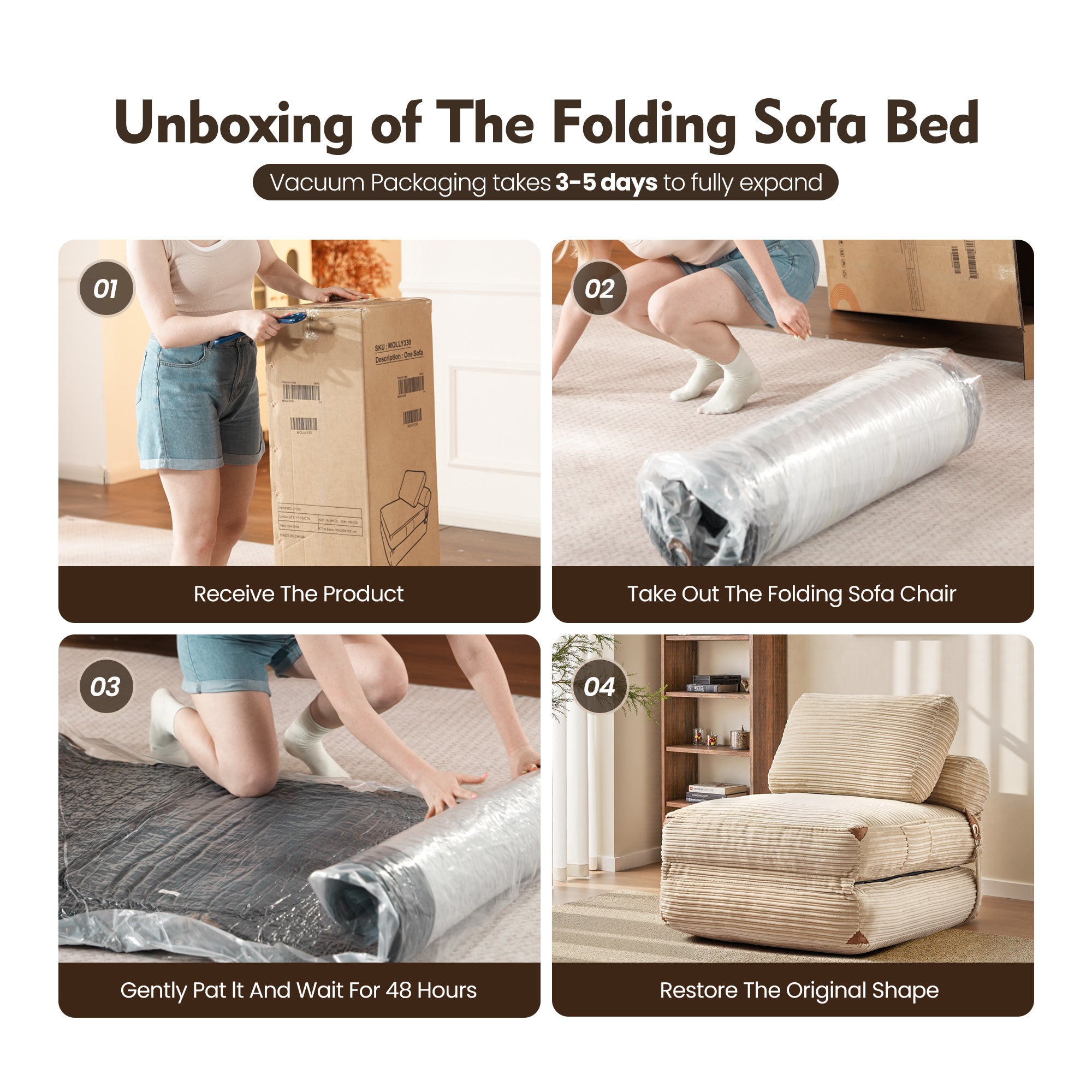 Ovios folding sofa bed unboxing guide, featuring beige corduroy sleeper chair; vacuum packaging takes 3-5 days.
