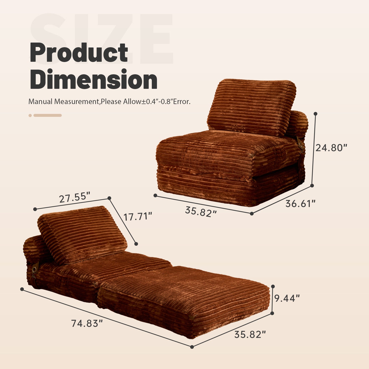 OVIOS Bean Bag Bed Folding Sofa Bed – Convertible Sleeper Chair with Pillow & Back Support