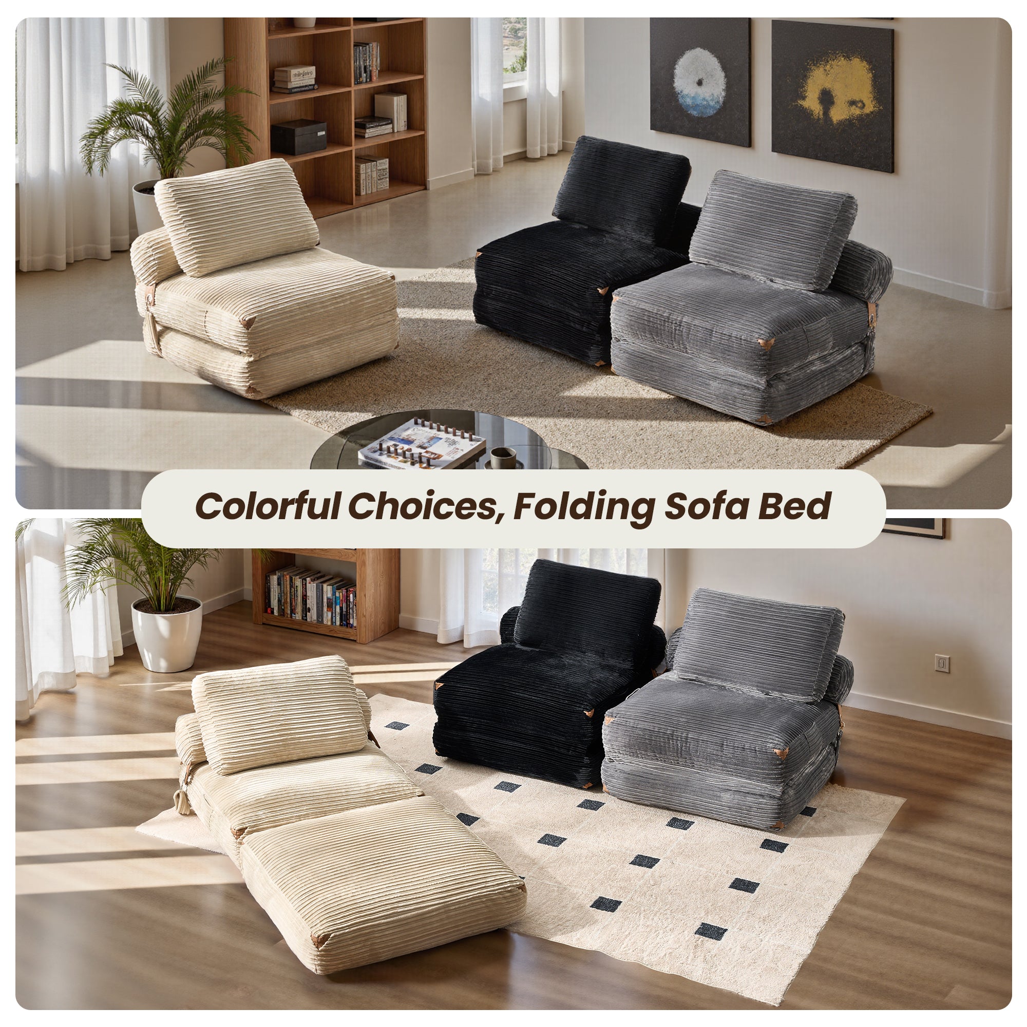 Ovios Folding Sofa Bed in multiple colors, beige, black, and gray corduroy, convertible from sofa to bed for small spaces