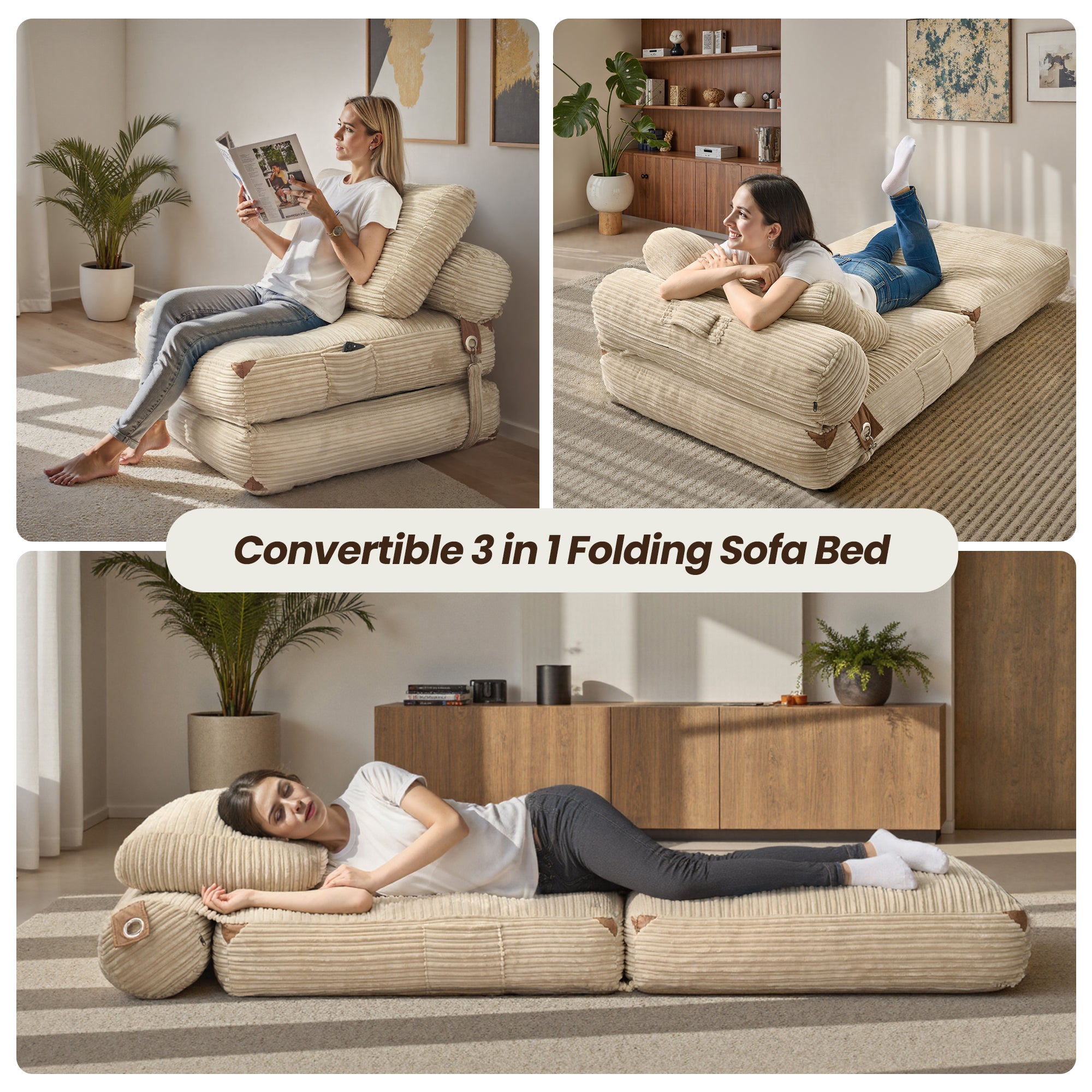 Ovios convertible sofa bed in beige corduroy: folds into chair, recliner, and bed. Perfect for small spaces.