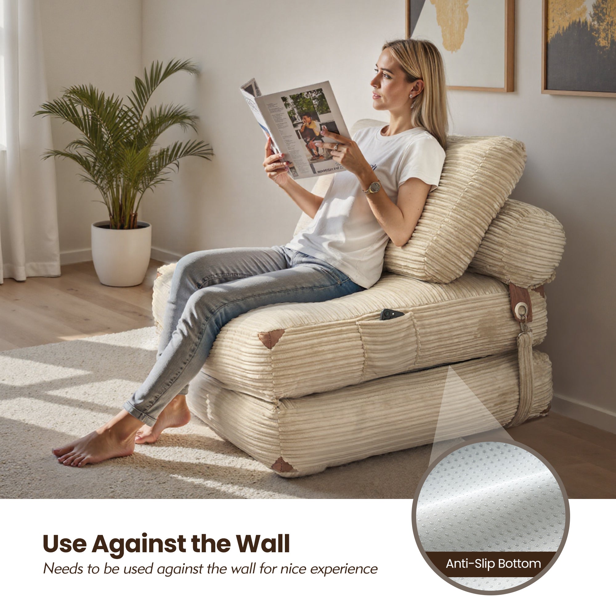 Ovios folding sofa bed in beige corduroy, woman reading, anti-slip, needs wall. Perfect small space furniture