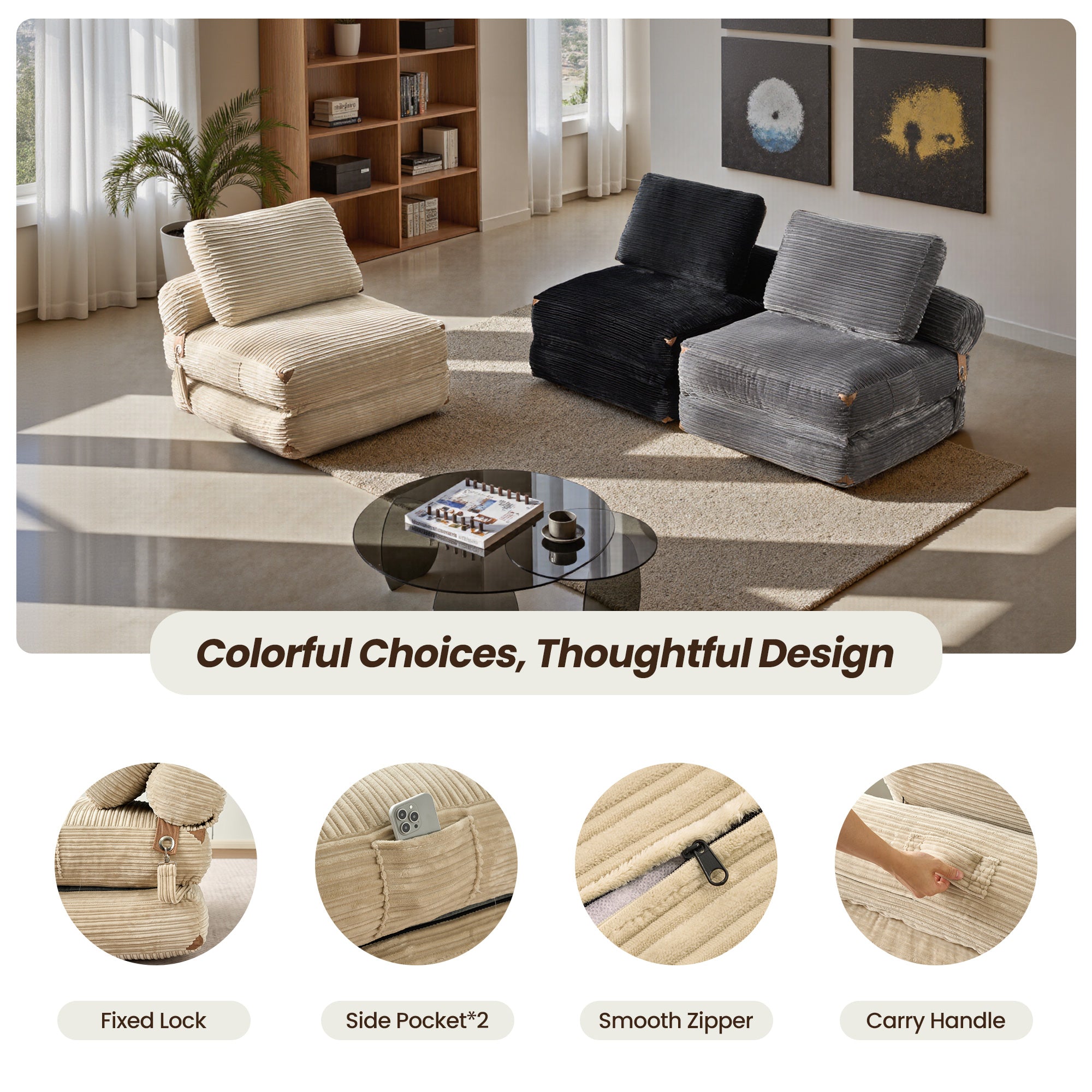 OVIOS folding sofa beds in multiple colors: cream, black, and grey corduroy. Perfect for small spaces, convertible.