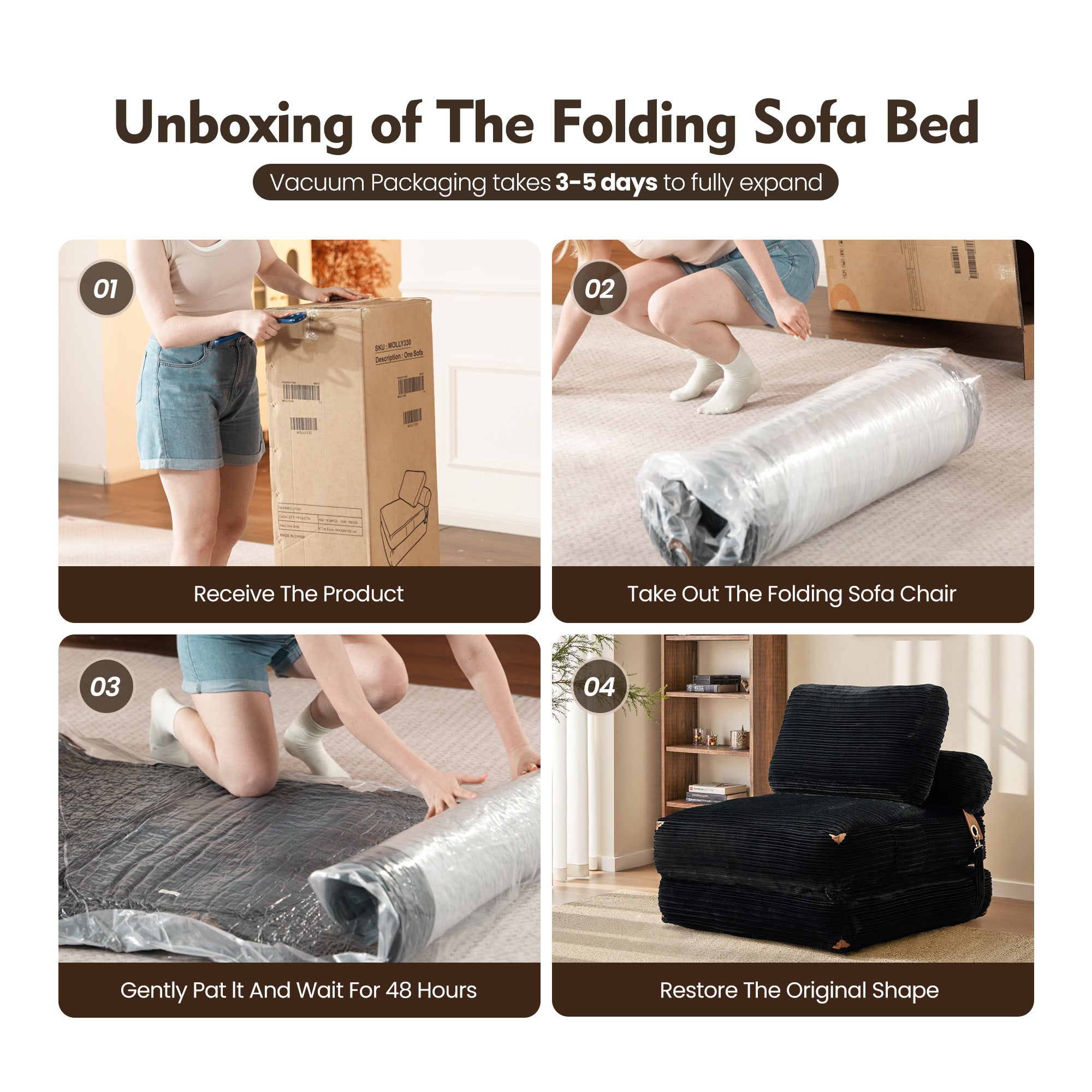Ovios Folding Sofa Bed Unboxing: Black corduroy sofa chair. Unpacking steps with vacuum packaging.