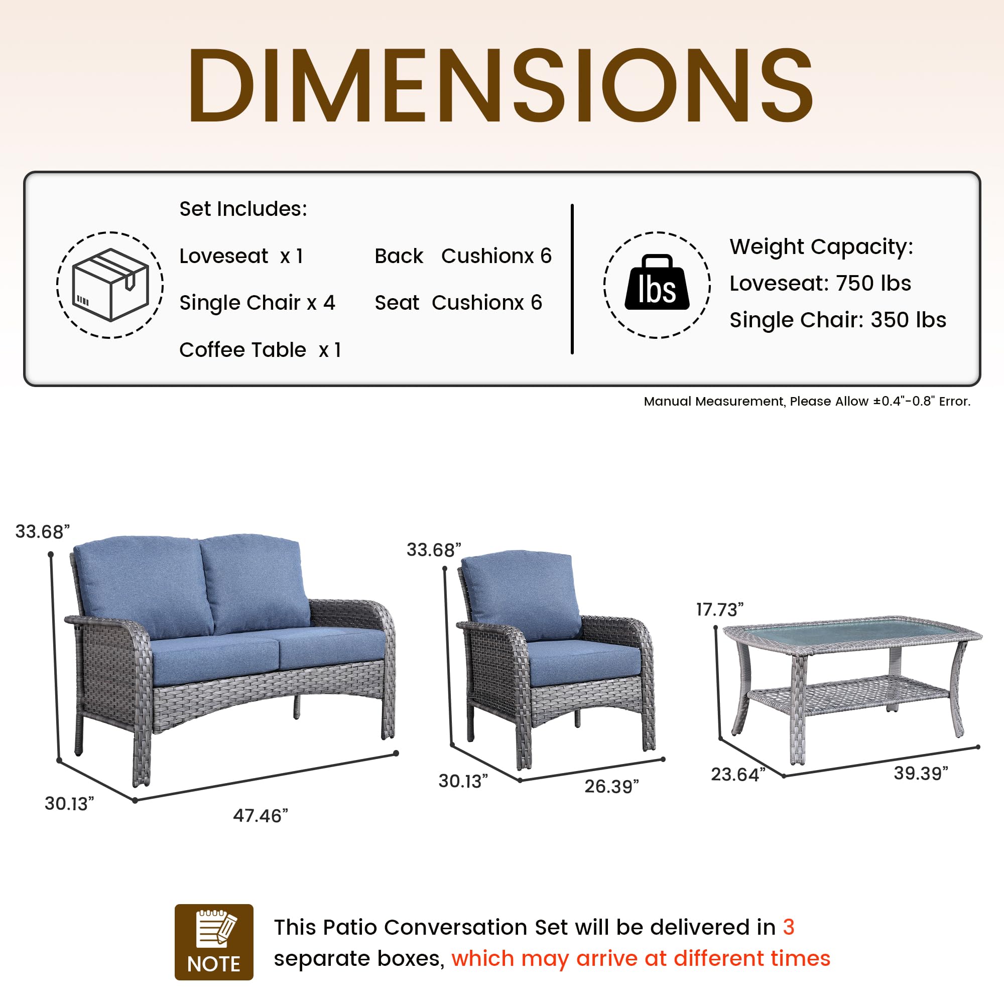 Ovios 6-Piece Wicker Patio Furniture Set, All-Weather Rattan Conversation Bistro Loveseat Chair and Table Set for Backyard