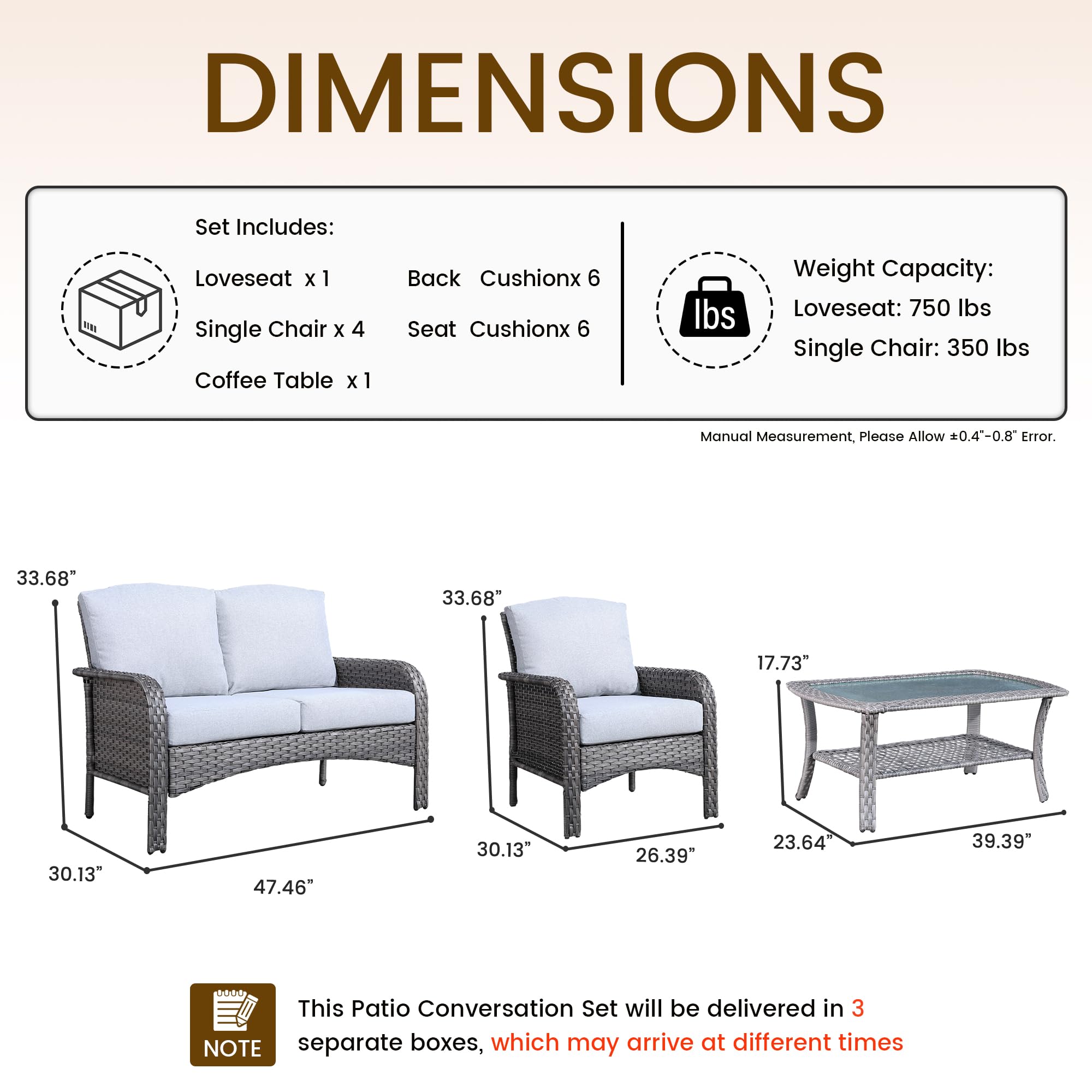 Ovios 6-Piece Wicker Patio Furniture Set, All-Weather Rattan Conversation Bistro Loveseat Chair and Table Set for Backyard