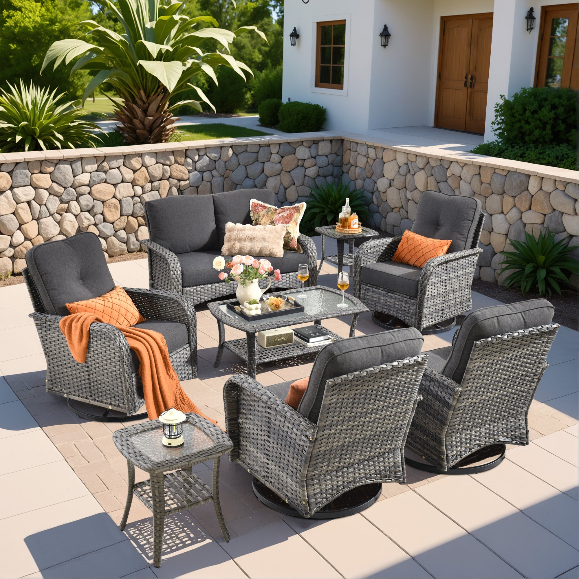OVIOS 8-Piece Patio Furniture Set with gray wicker, swivel chairs, and dark gray cushions, outdoor relaxation.