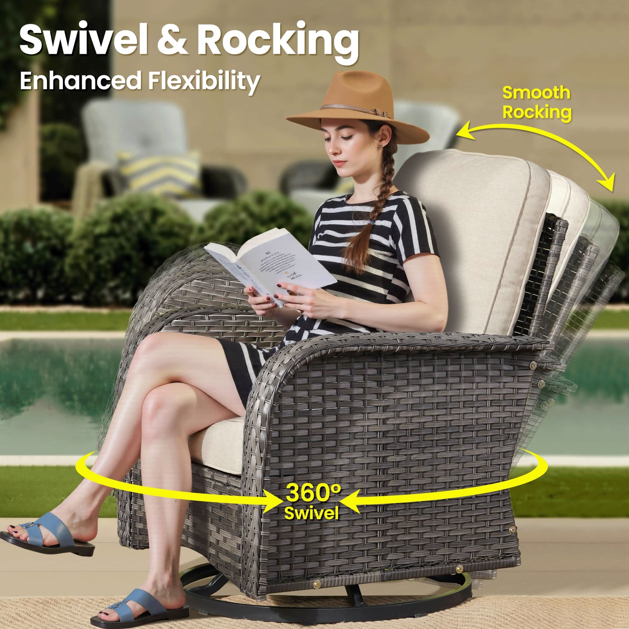 OVIOS swivel rocking chair with gray wicker and beige cushions, comfortable outdoor seating.