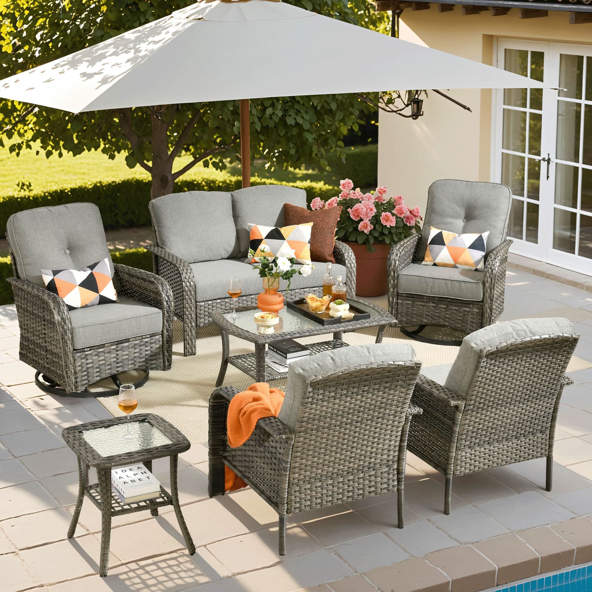 OVIOS 7-piece gray wicker patio set with swivel chairs, coffee table, and cushions for outdoor comfort
