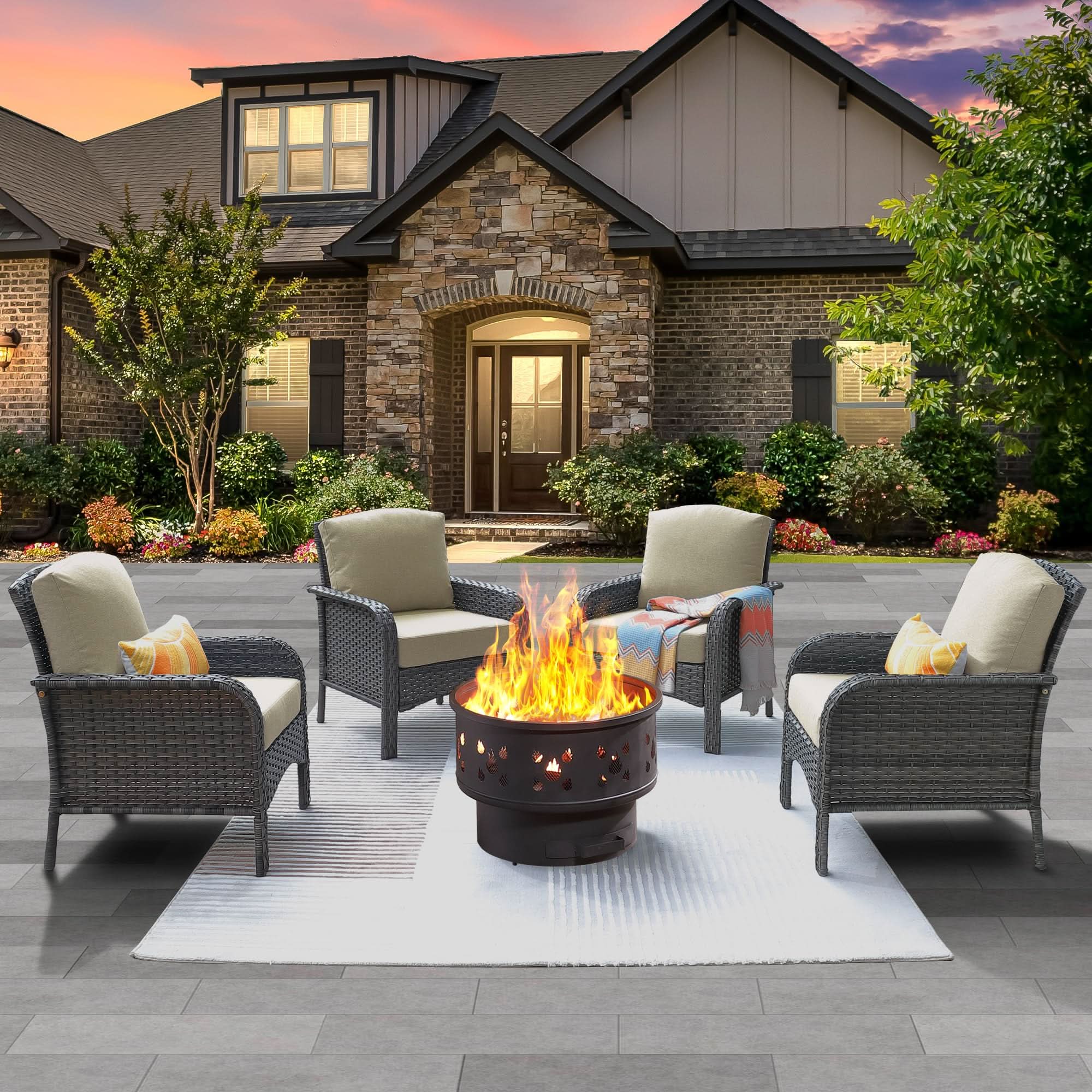 OVIOS 5-Piece Patio Furniture Set with Fire Pit - Gray wicker chairs, ideal for outdoor gatherings and relaxation.