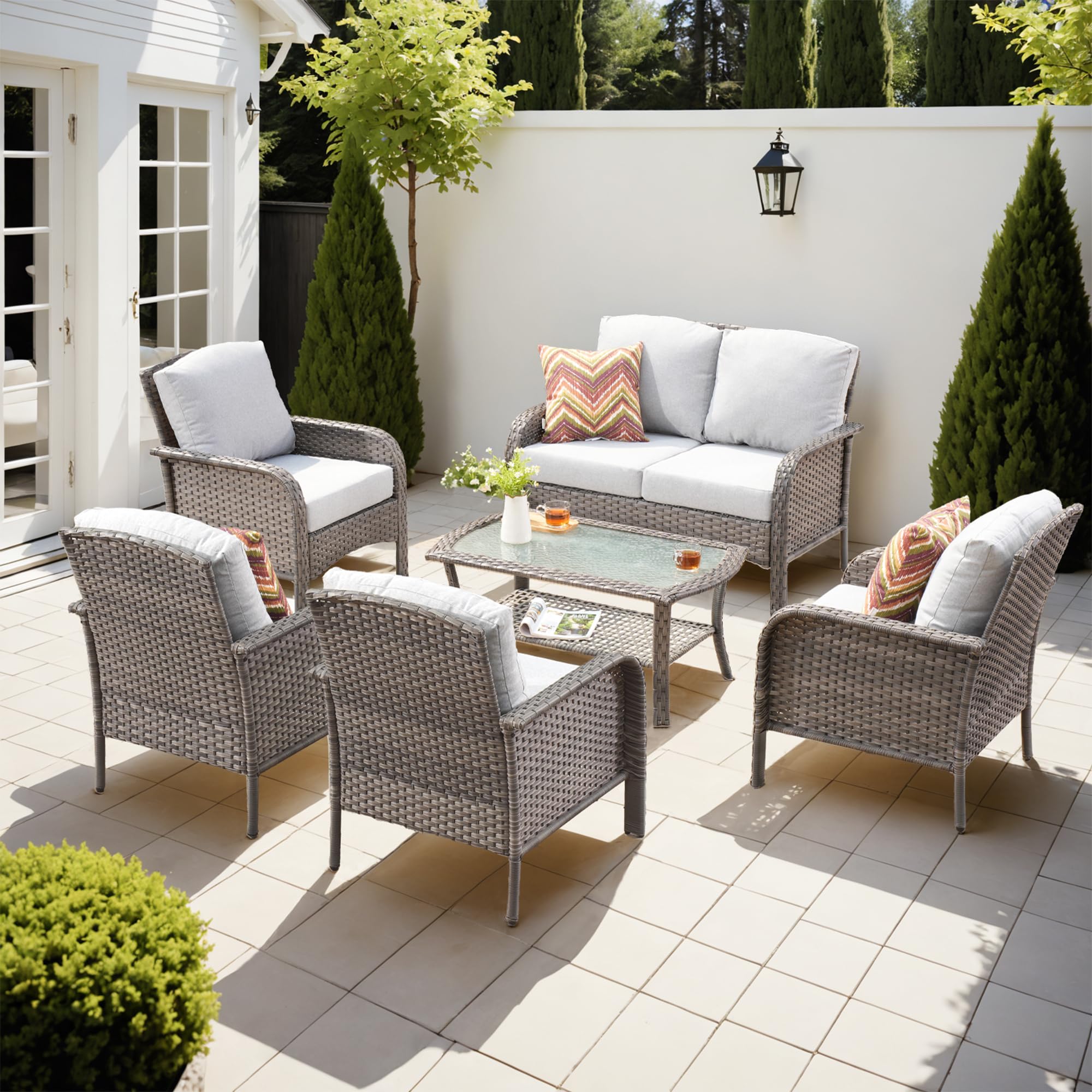 Ovios 6-Piece Wicker Patio Furniture Set, All-Weather Rattan Conversation Bistro Loveseat Chair and Table Set for Backyard