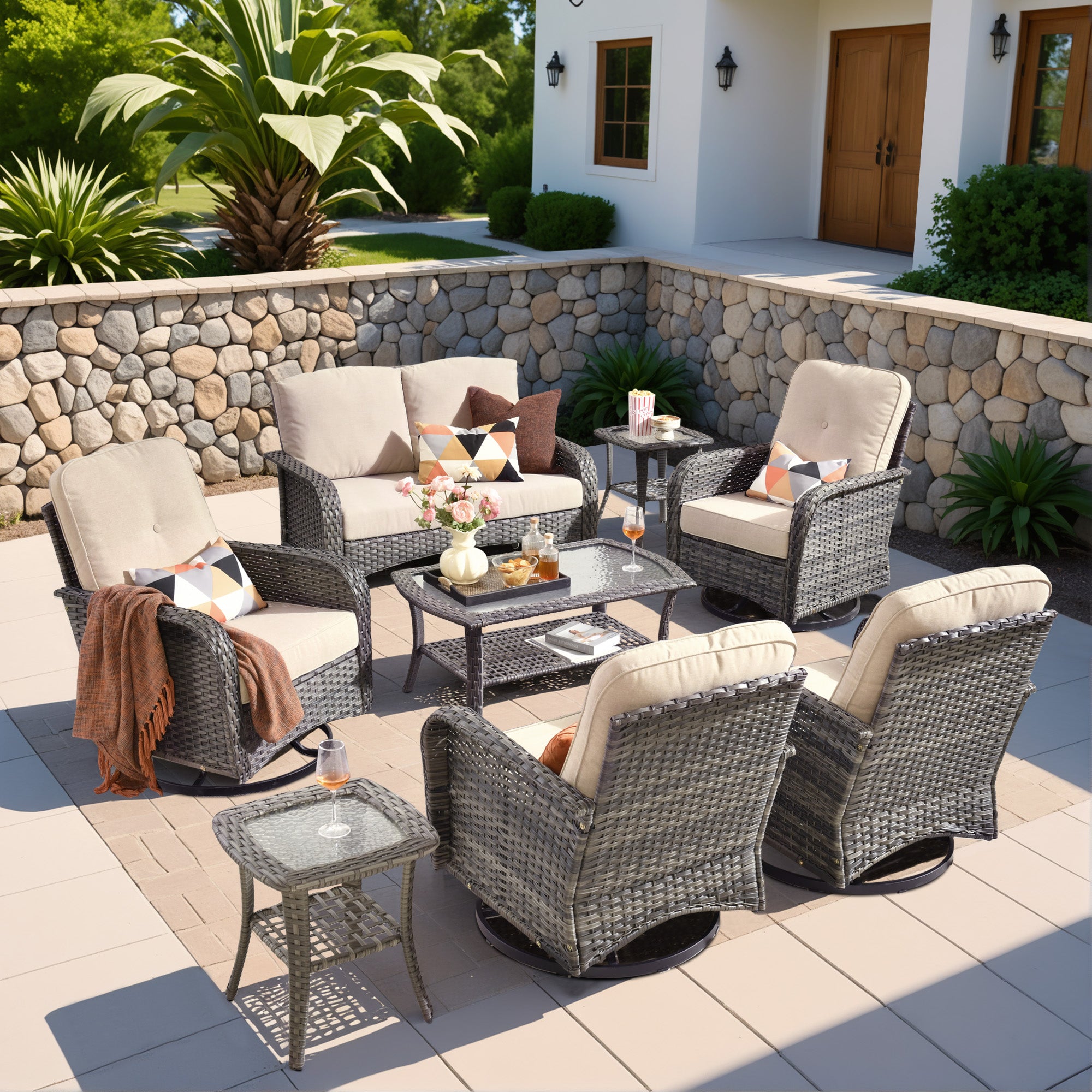 OVIOS 8-Piece Patio Set, gray wicker swivel chairs with beige cushions, perfect for outdoor relaxation and entertaining.