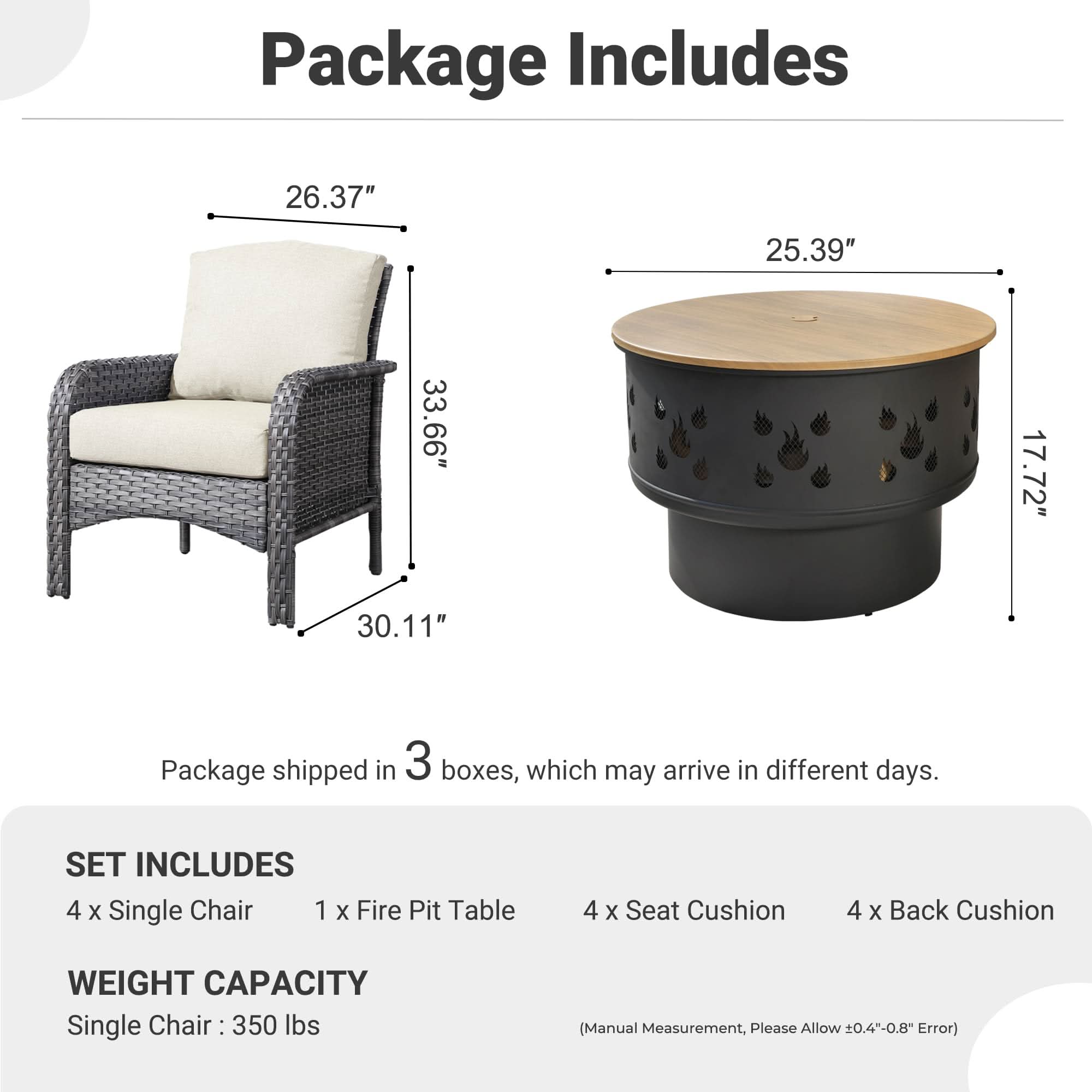 OVIOS Patio Furniture Set diagram: Gray wicker chairs, fire pit, and cushions. Ideal for outdoor gathering.