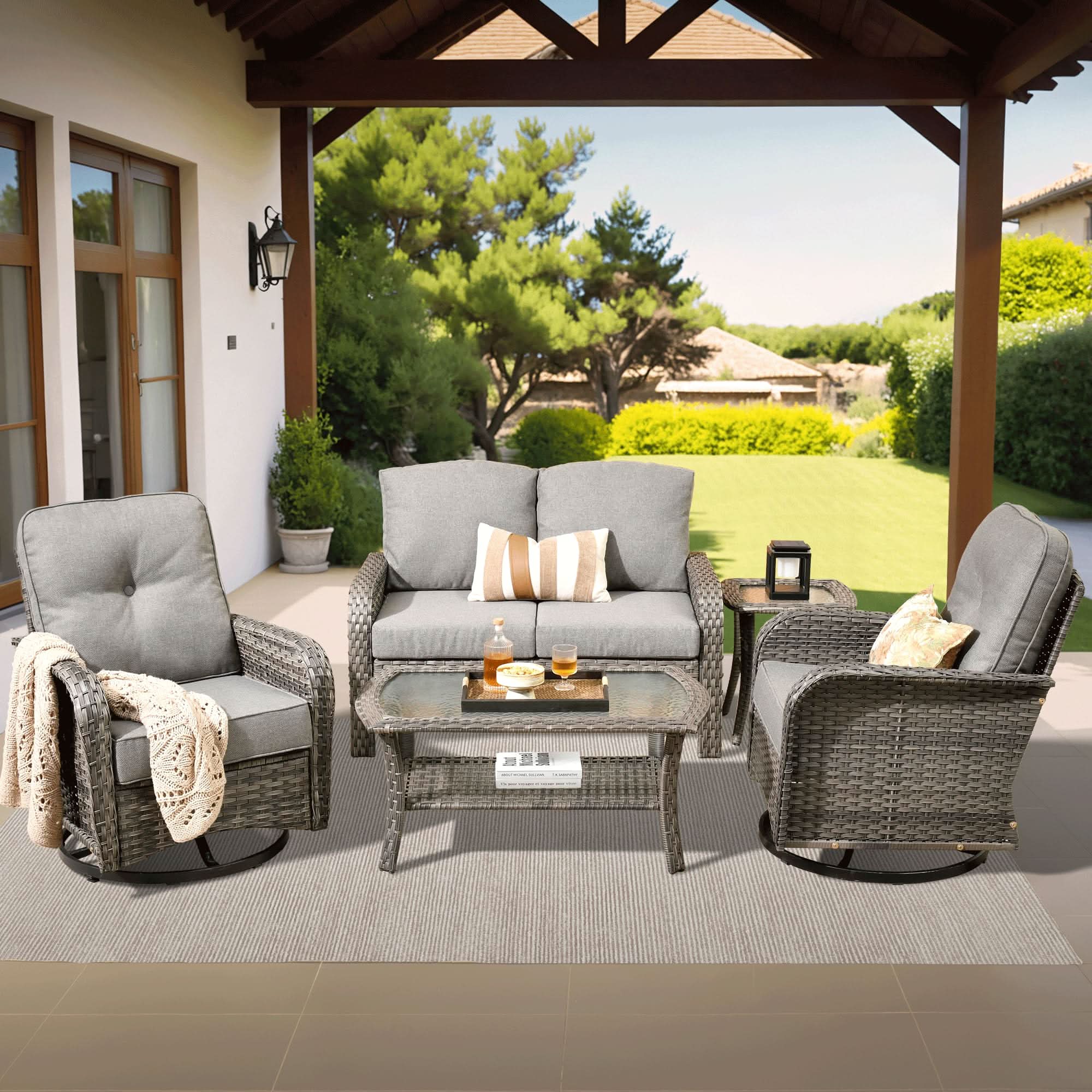 OVIOS 5-piece patio furniture set in gray wicker with swivel chairs and cushions, outdoor decor