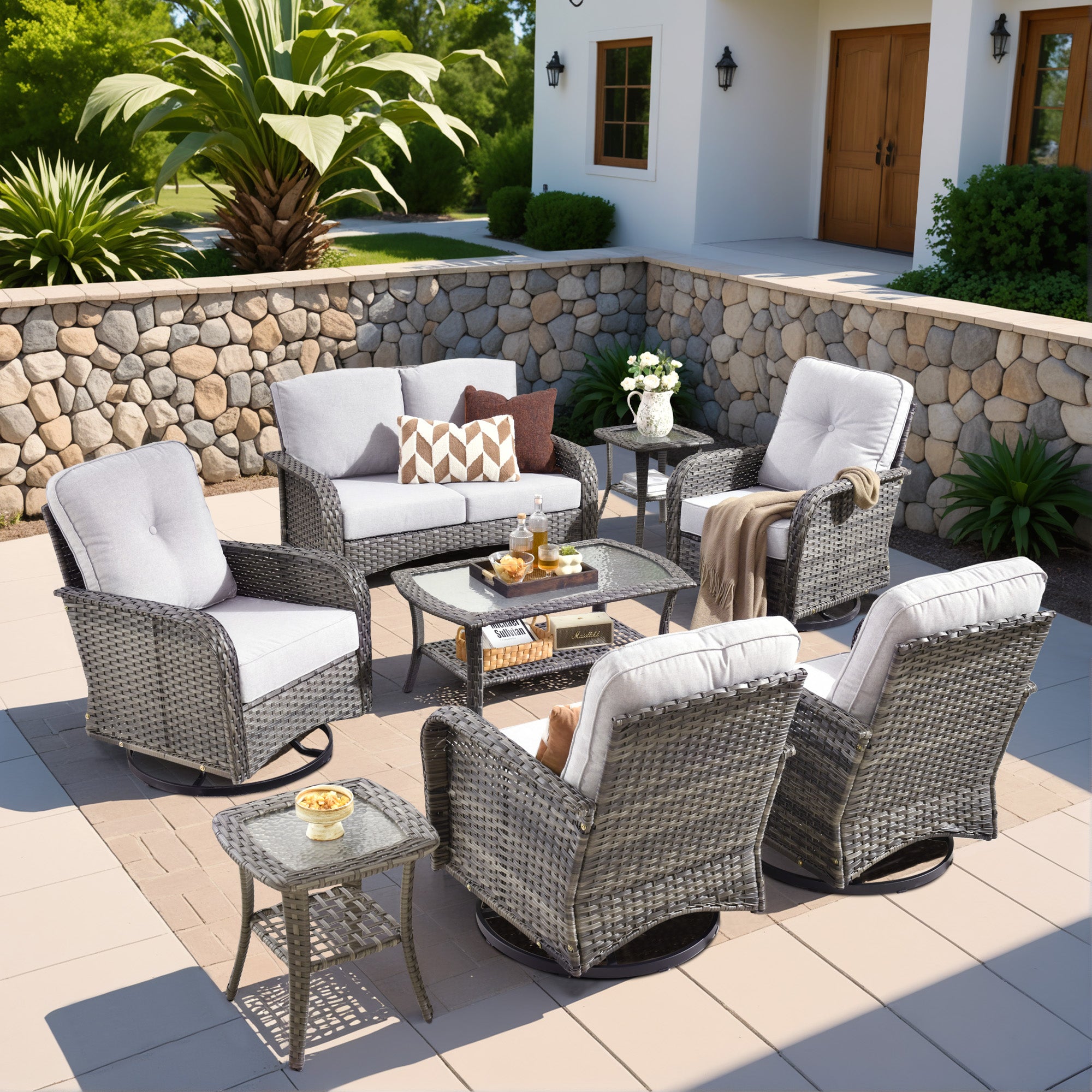 OVIOS 8-Piece Patio Furniture Set with swivel chairs, gray wicker sofa, and gray cushions, perfect for outdoor relaxation