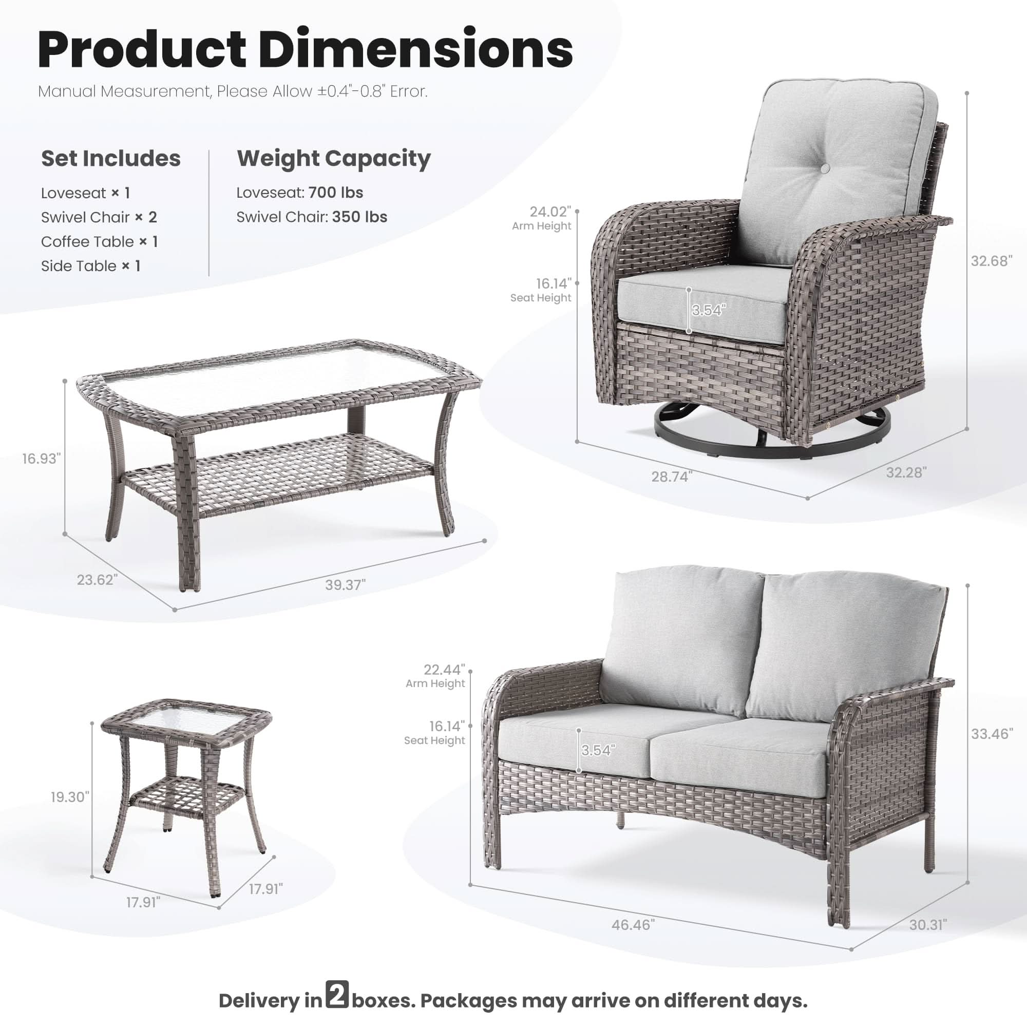 OVIOS 5-piece patio set dimensions: Gray wicker outdoor sofa, swivel chairs, and tables with measurements.