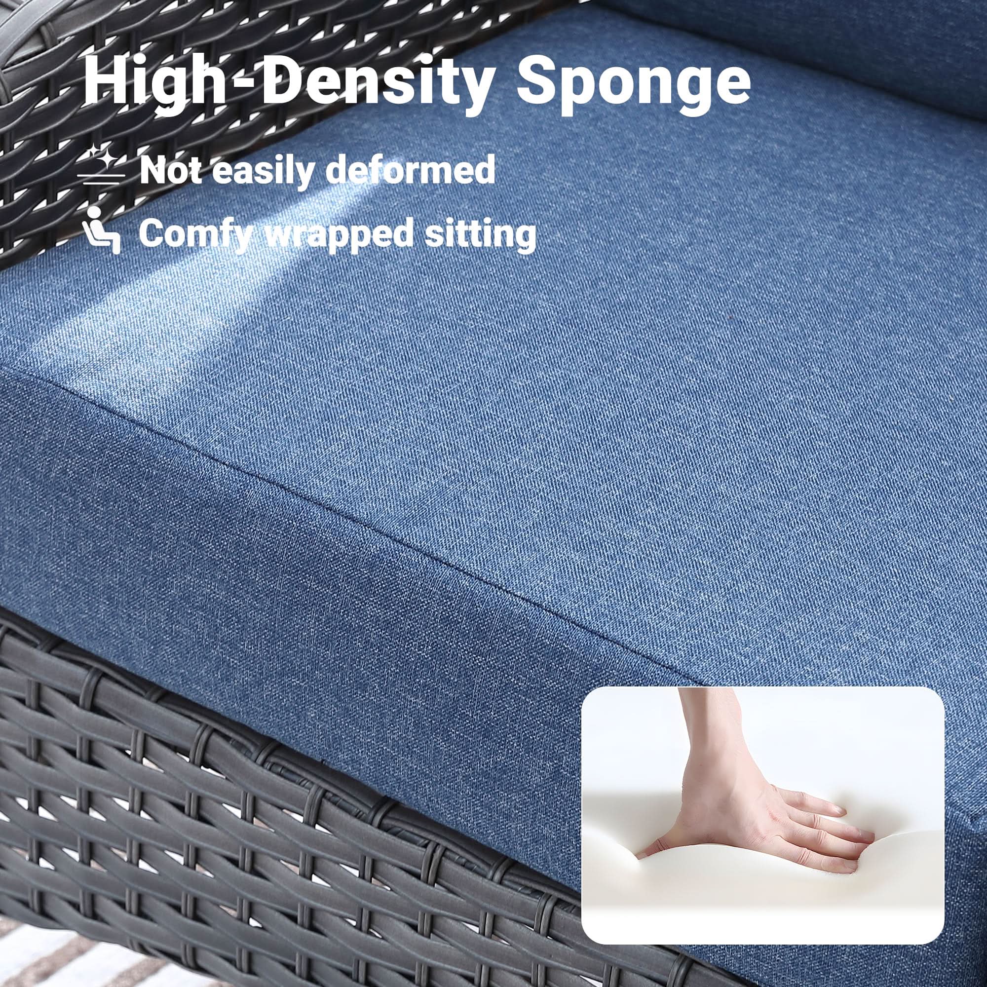 OVIOS patio chair cushion with high-density sponge, blue color with gray wicker frame, comfy outdoor sitting