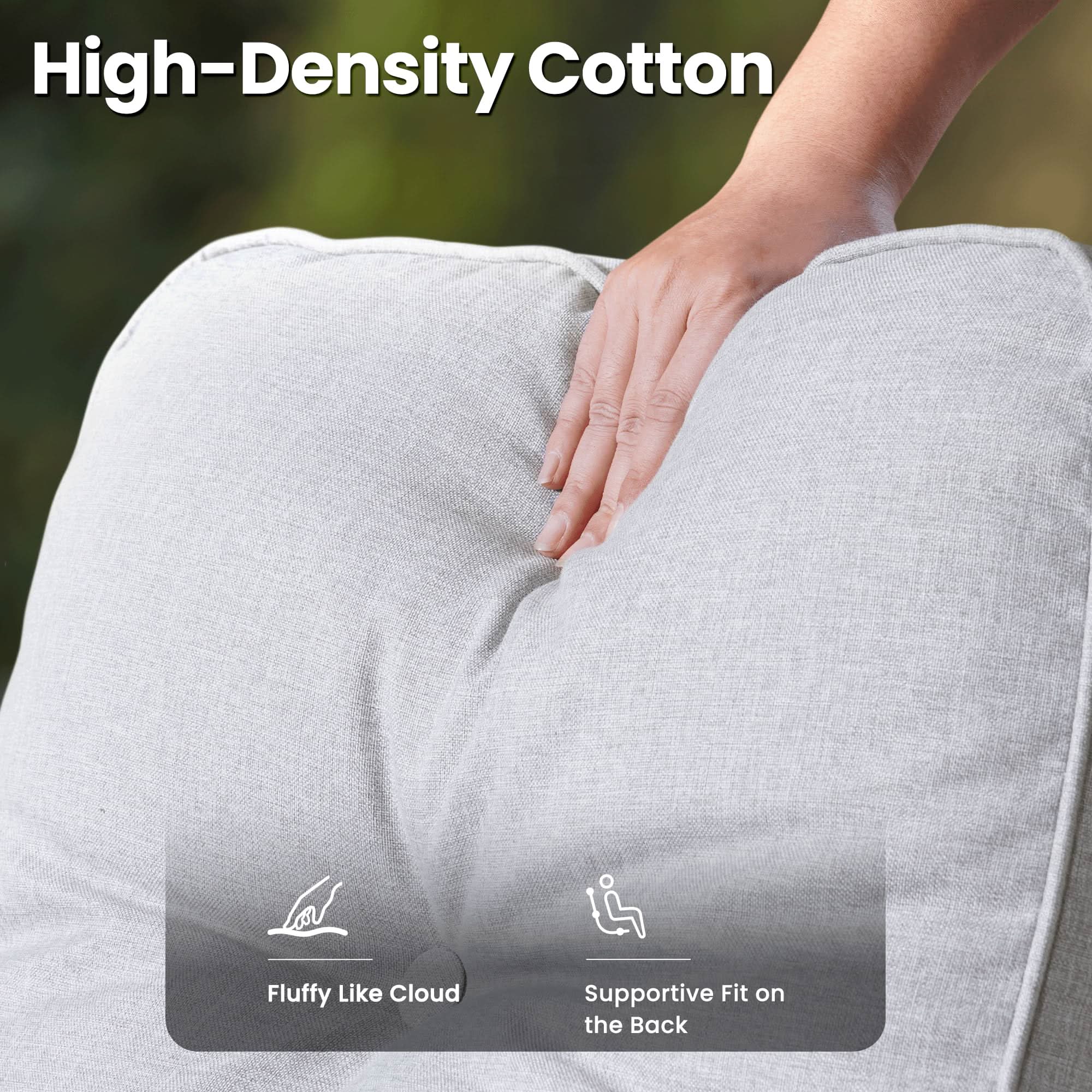 OVIOS patio furniture detail: High-density cotton cushion with fluffy and supportive design for outdoor seating.