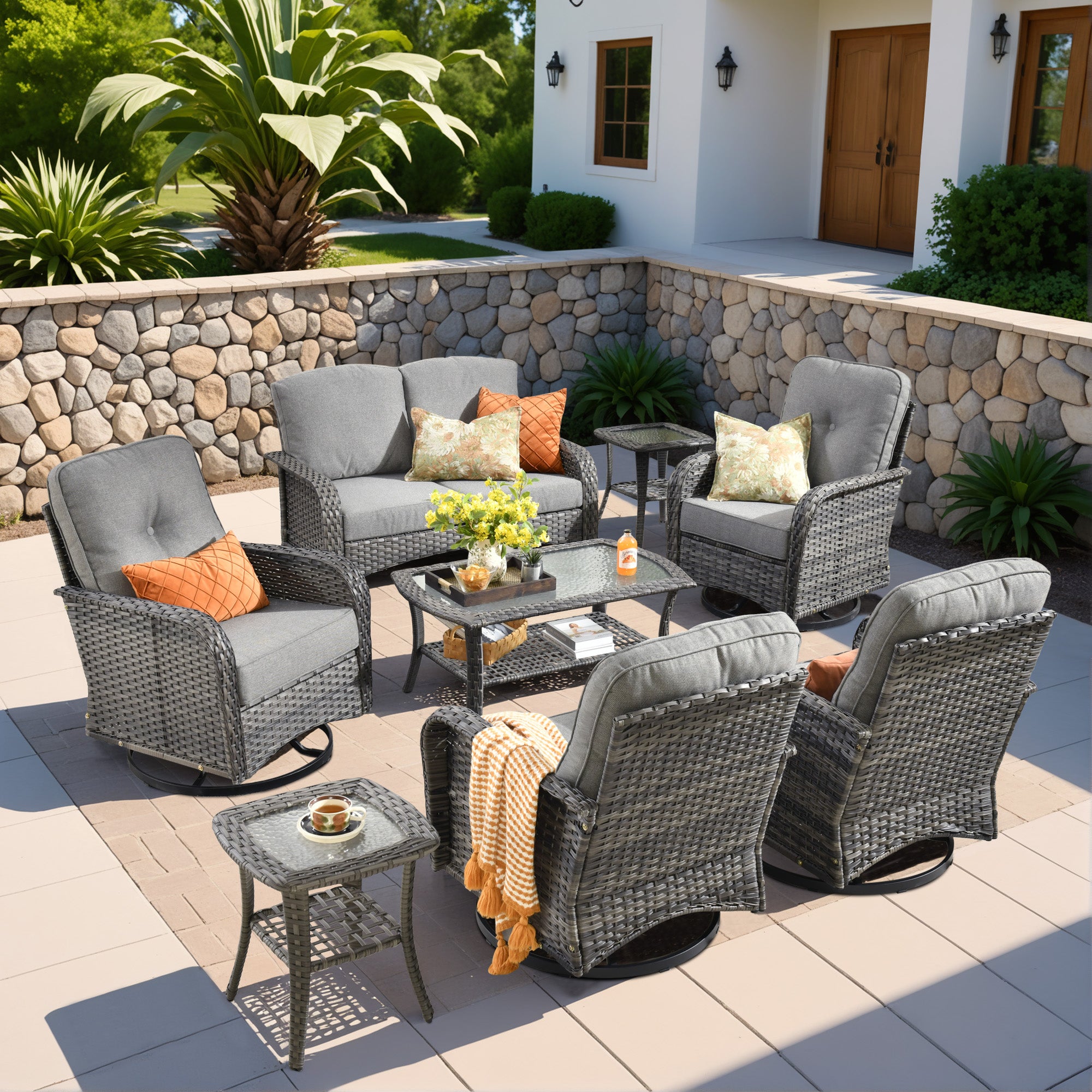 OVIOS 8-Piece Patio Furniture Set, gray wicker and swivel chairs, ideal for outdoor relaxation and entertaining