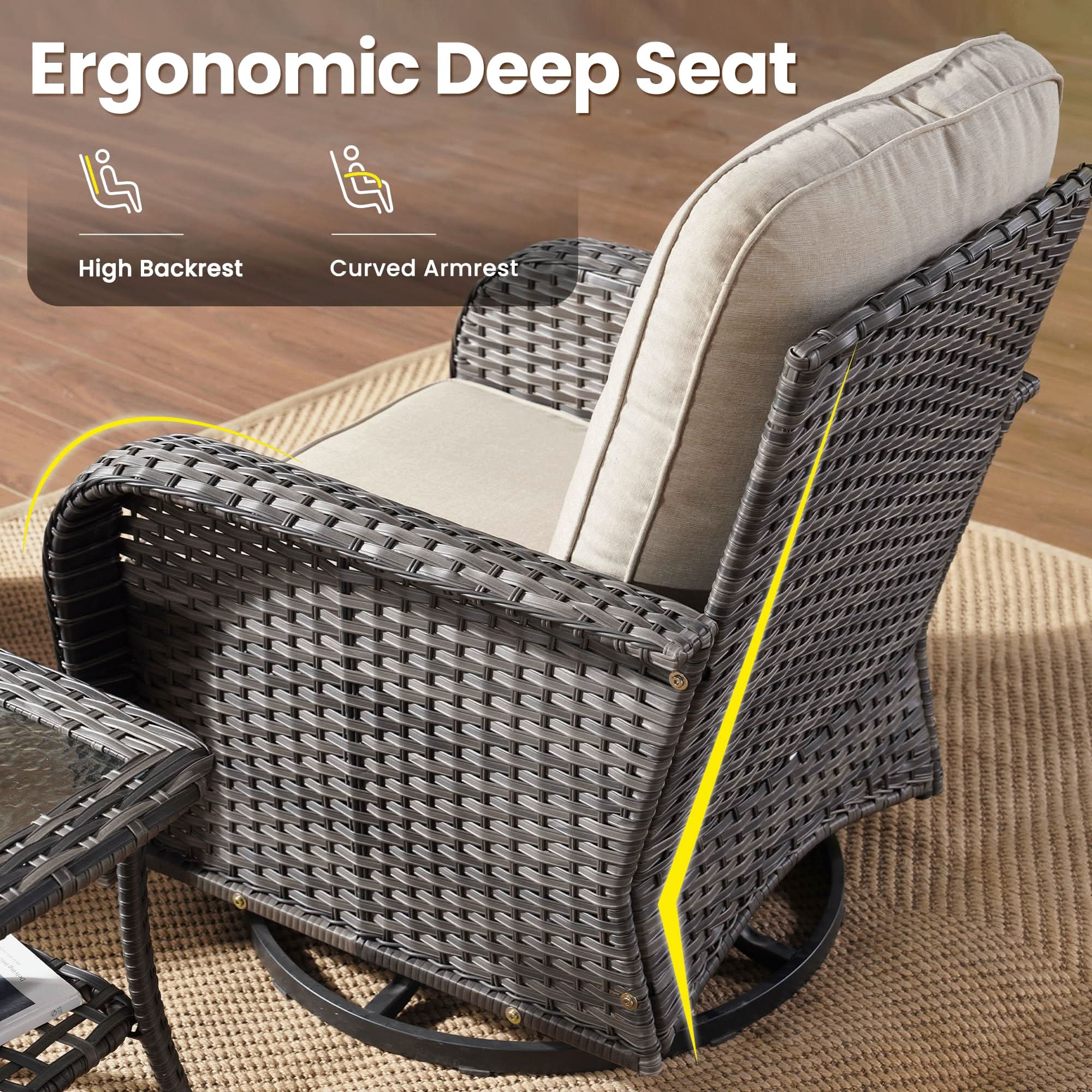 OVIOS outdoor swivel chair with gray wicker, ergonomic deep seat, high backrest and curved armrest.