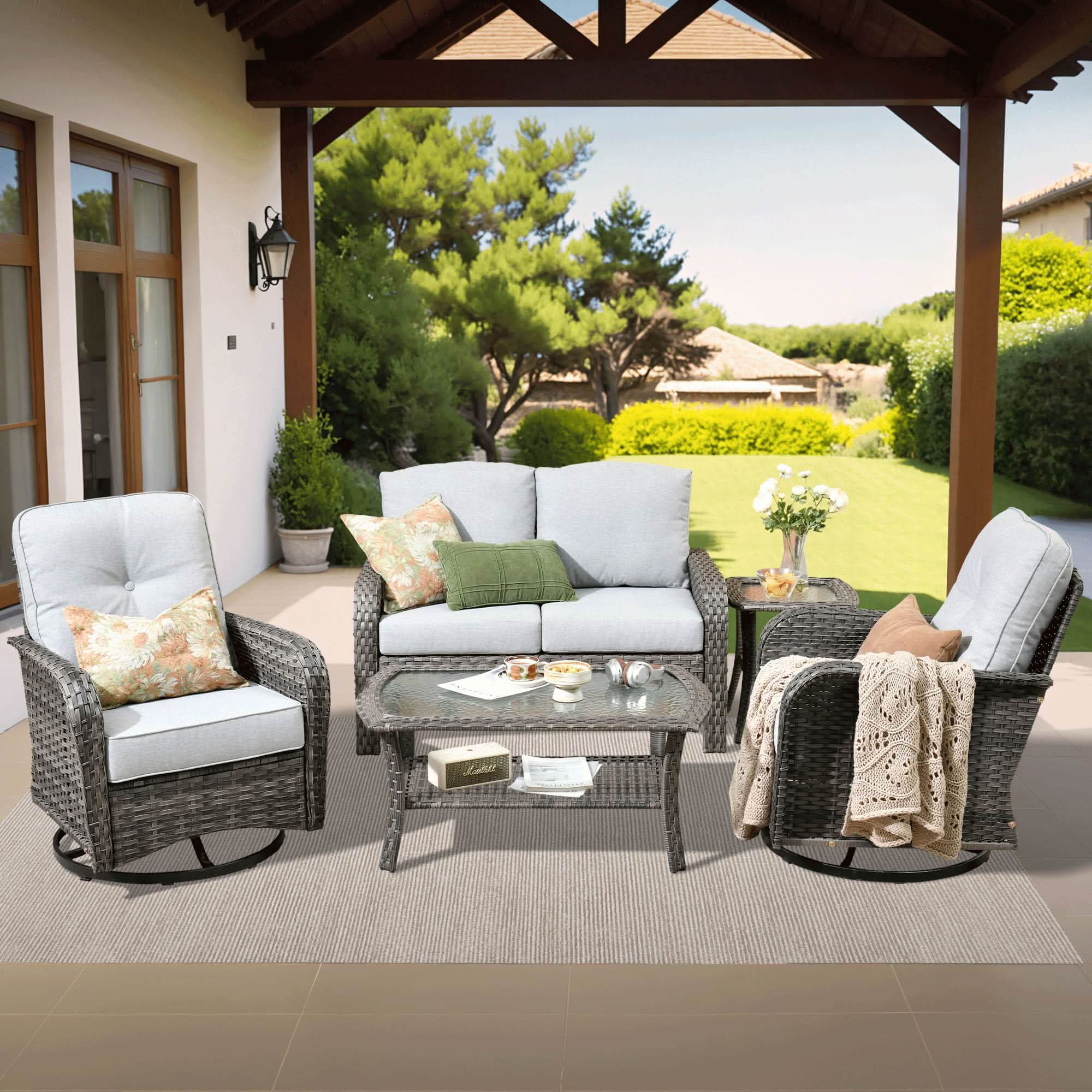 OVIOS 5-Piece Patio Furniture Set: Gray wicker outdoor sofa with swivel chairs and light gray cushions.